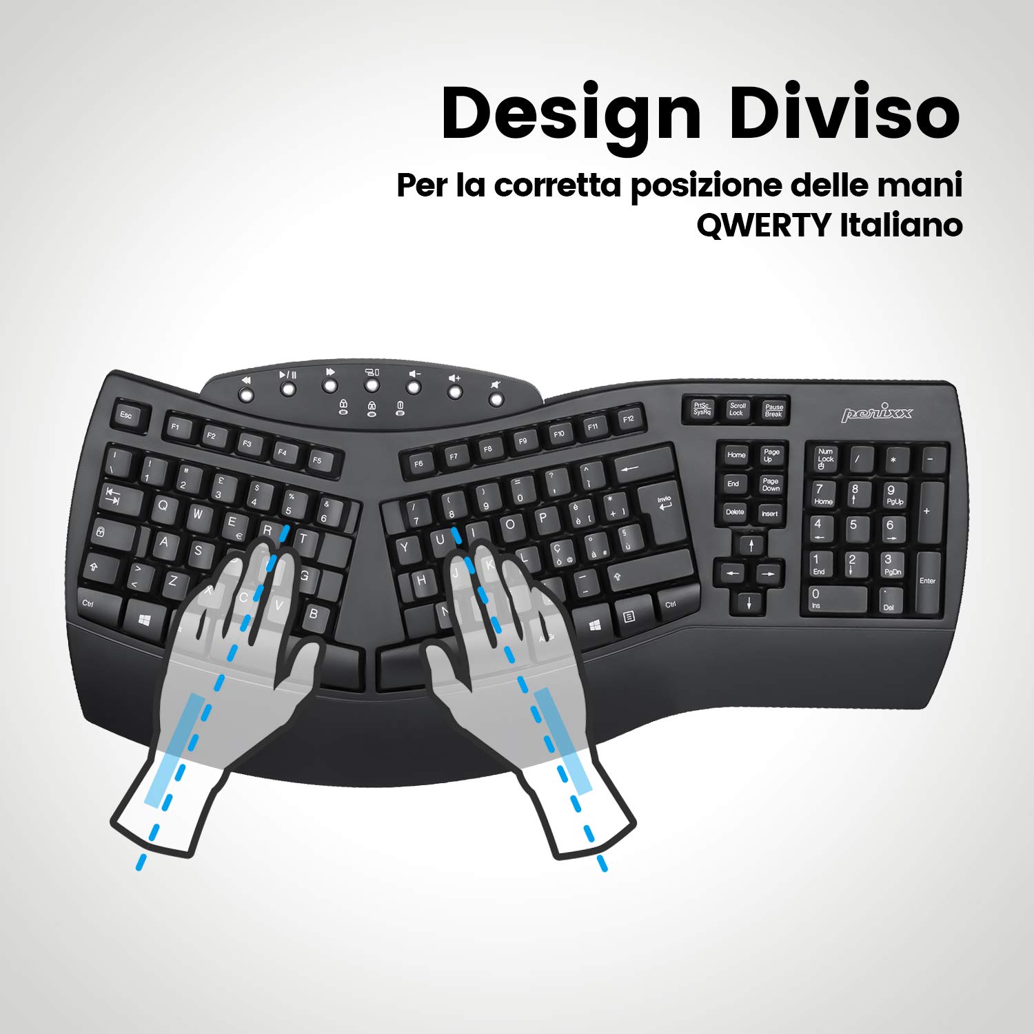 Perixx PERIBOARD-612 Tastiera Ergonomica Wi-Fi e Bluetooth - Dettaglio