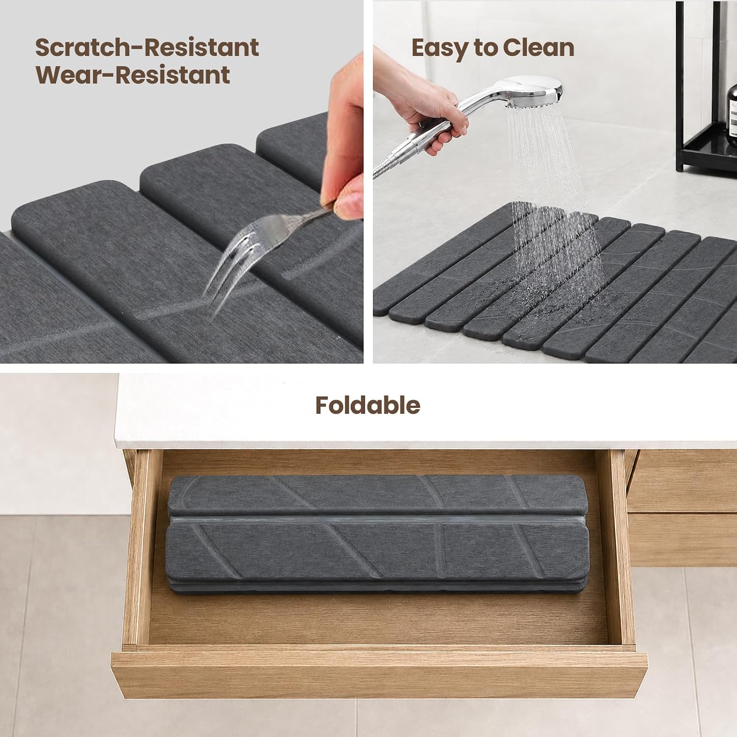 Mosthink Non-Slip Stone Bath Mat, Foldable Textured Quick Dry Diatomaceous Earth Shower Mat, Super Absorbent Bathroom Mat, Dish Drying Mat for Kitchen Counter, Easy to Clean (Dark, 23.6'' x 15.3'')