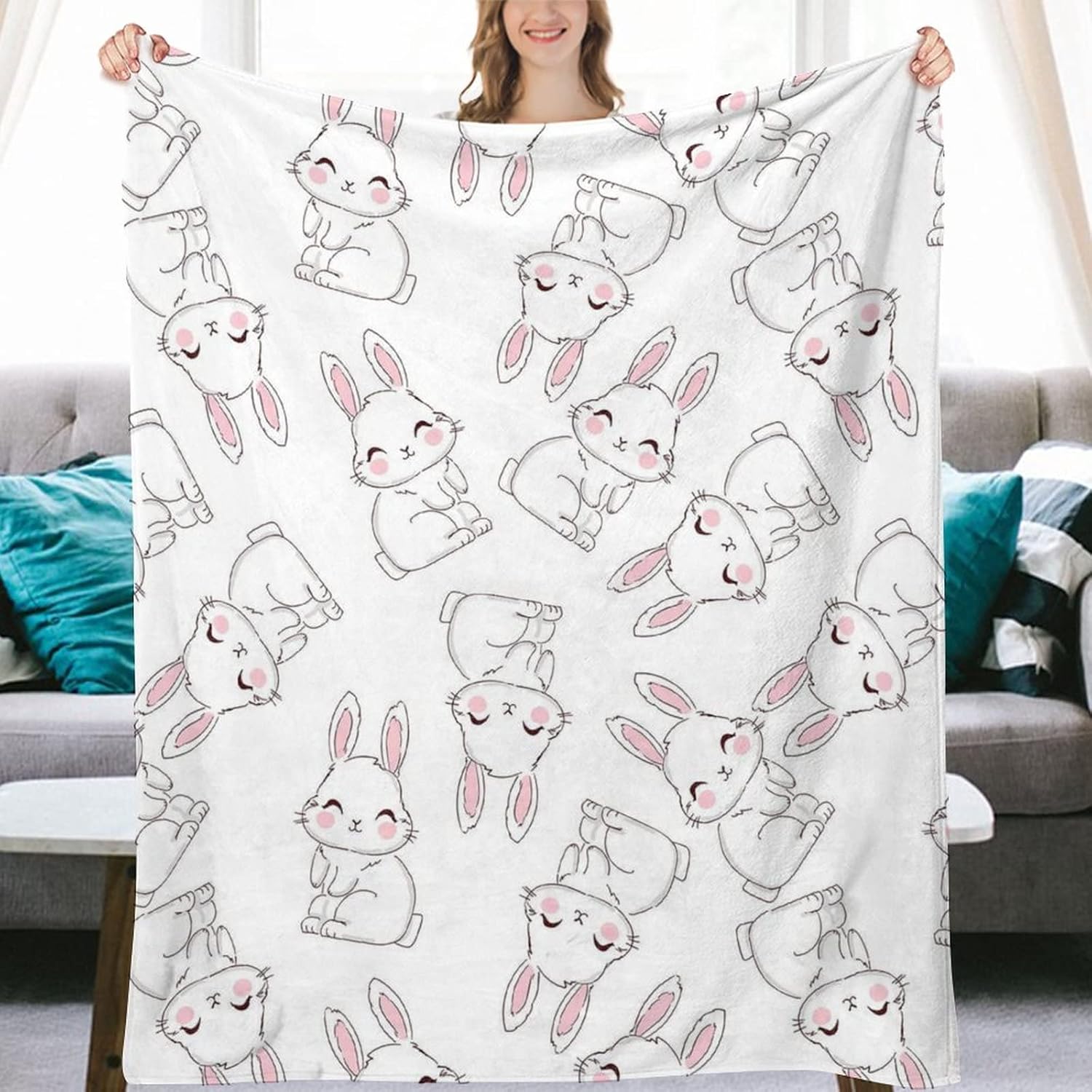 Bunny Blanket Easter Throw Blankets Hand Drawn Rabbit Fuzzy Flannel Blankets for Office Couch Bed Sofa Car, Cute Bunny Blankets Throw Travel Gift for Girls Kids Boys Adults 50"x60" - Image 6