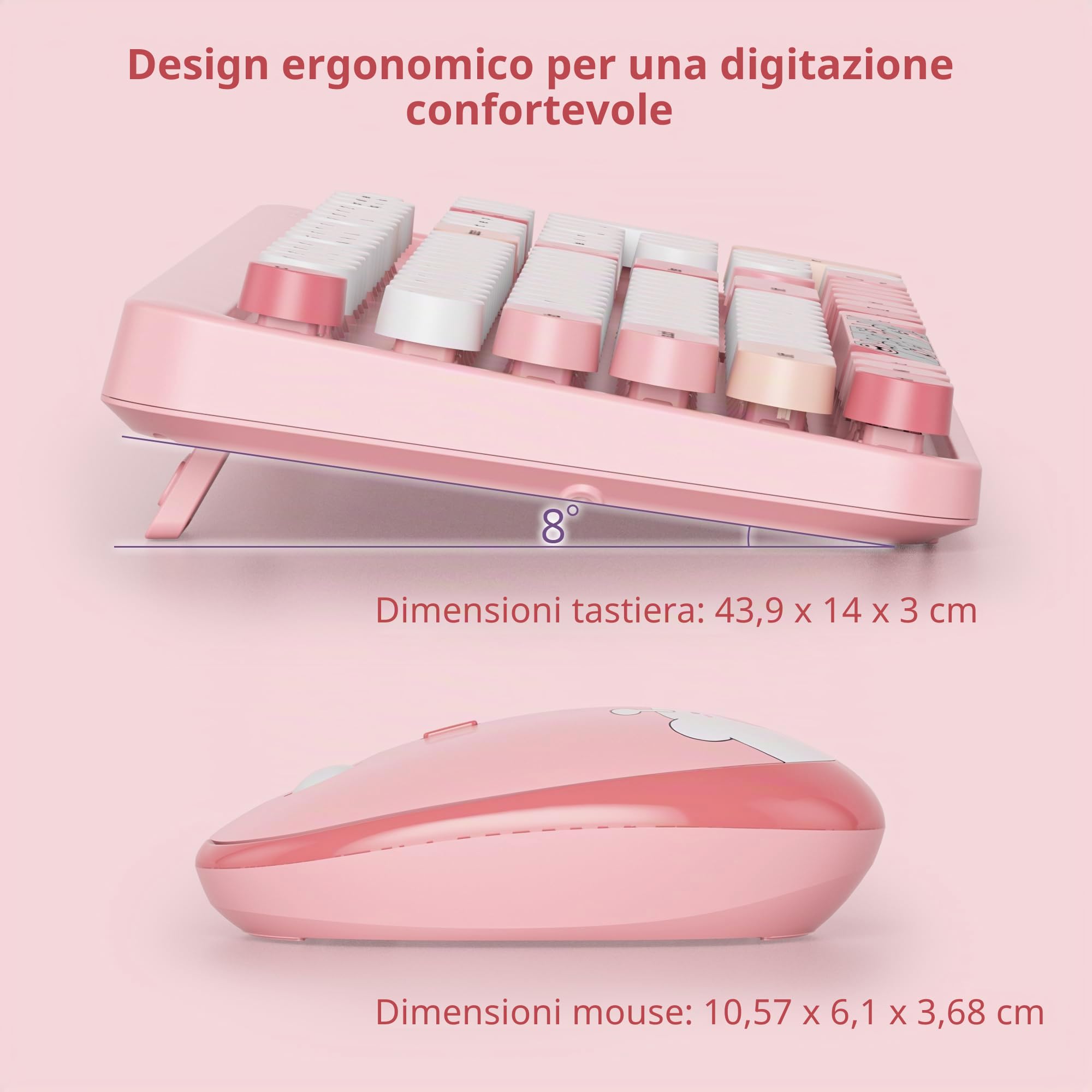 Tastiera e Mouse Senza fili, Americana QWERTY，Cute Tastiera Wireless con Tastierino Numerico, 2.4 GHz Retro Macchina Da Scrivere Full-size with Tasti Rotondi（Bear Pink）