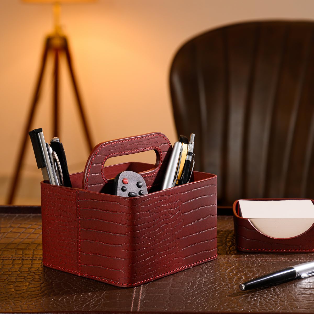 THREE SIXTY Genuine Leather Remote Holder for Living Room | 4-Slot TV Remote Stand for Table | Desk Organiser with Pen Holder | Handcrafted Remote Tray | Gift Box Included - Maroon