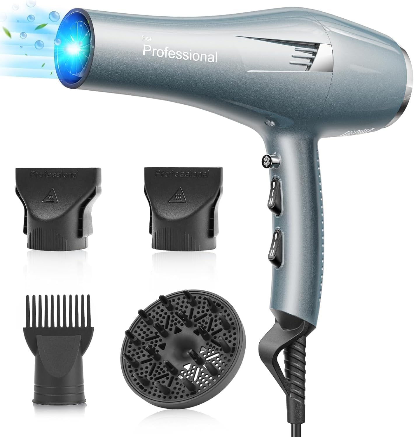 Secador de pelo profesional iones, Hair Dryer iónico con 1 difusor, 2 boquillas de peinado, 3 temperaturas, aire frío y caliente, secado rápido para todo tipo de cabello (Azul Claro)