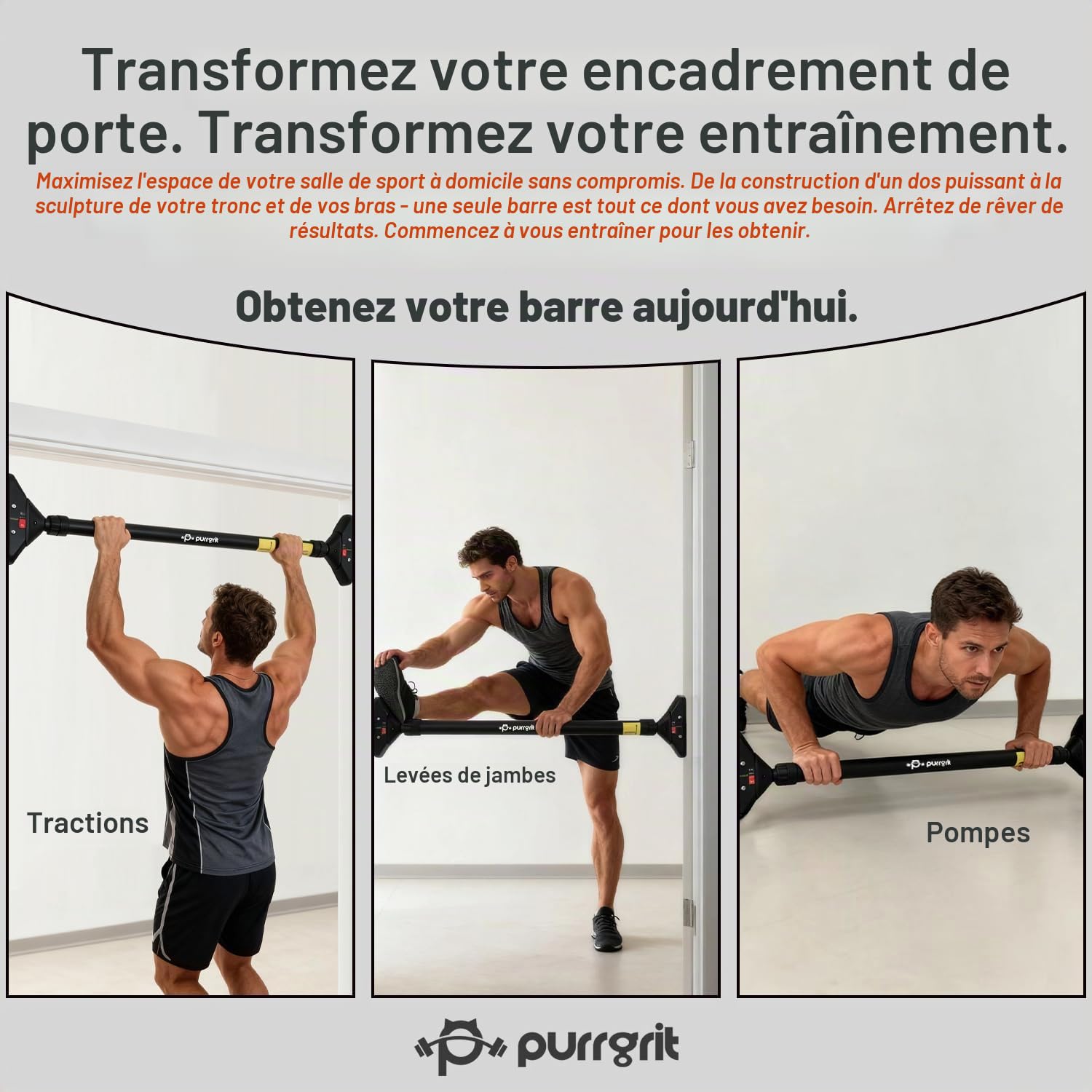 Barre de traction pour porte de 74 à 95 cm, barre de porte pour équipement de gym à domicile, Avec tapis de protection murale，montage sans vis, antidérapant