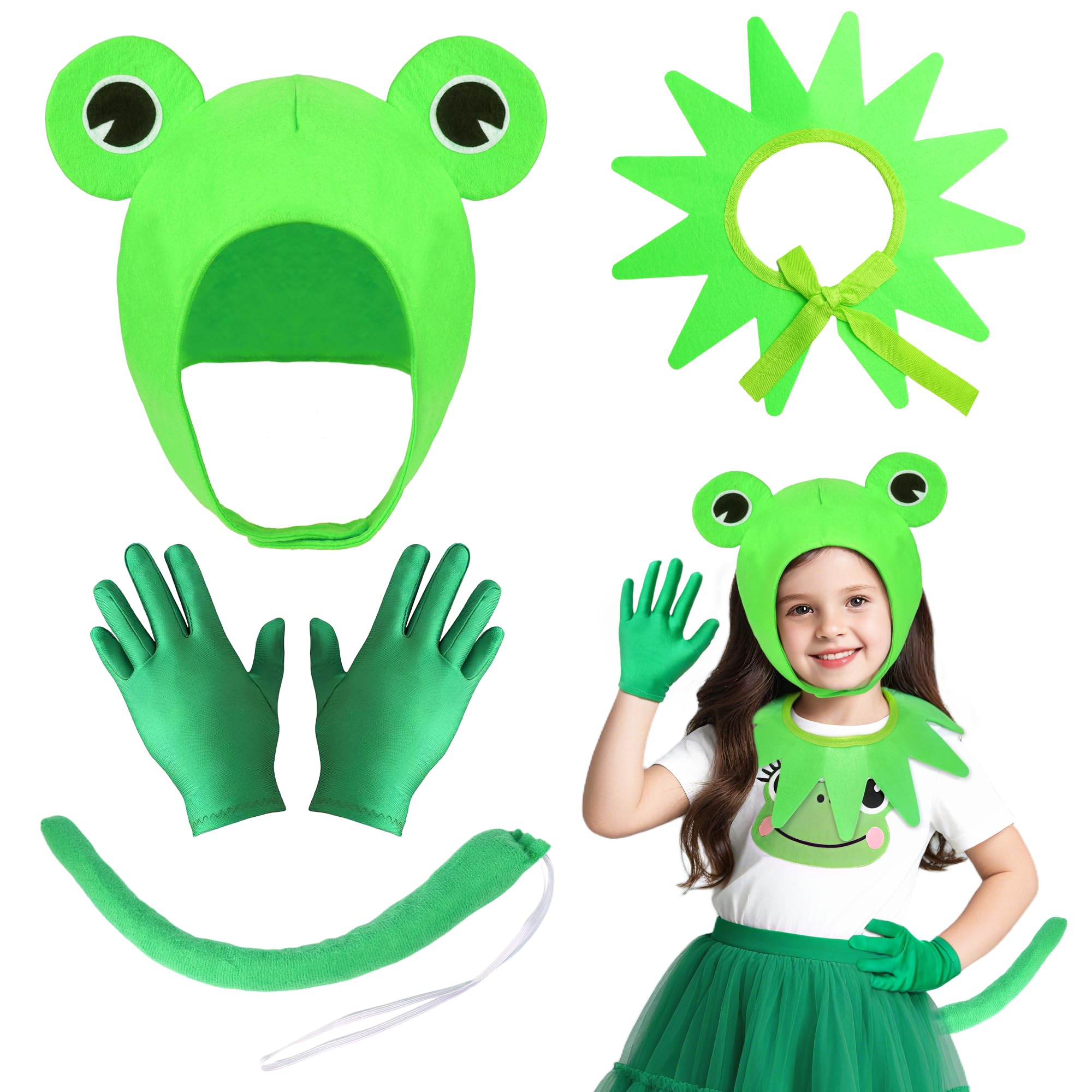 Bryndo 4 Pcs Frog Costume Set for Kids, Green Novelty Fancy Dress Costume with Frog Hat Gloves Collar Tail Animal Dress Up Accessories for Halloween Carnival Cosplay Party Supplies