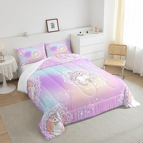 Miniatura 4 de Juego de ropa de cama de unicornio arcoíris para niñas, juego de edredón rosa con purpurina femenina, tamaño matrimonial, juegos de ropa de cama