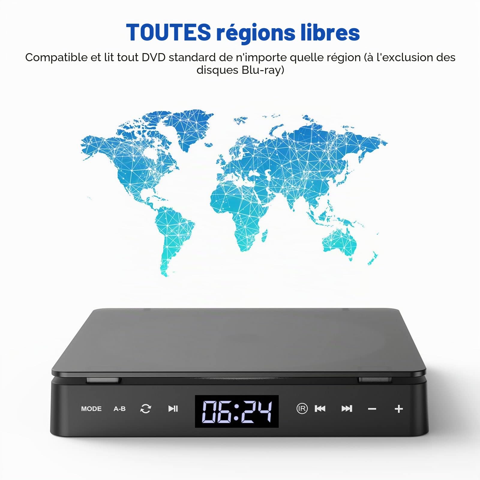 Gueray Mini Lecteur DVD CD Portable pour TV Toutes Les Régions HD 1080p USB 3.5mm Aux Télécommande HDMI AV