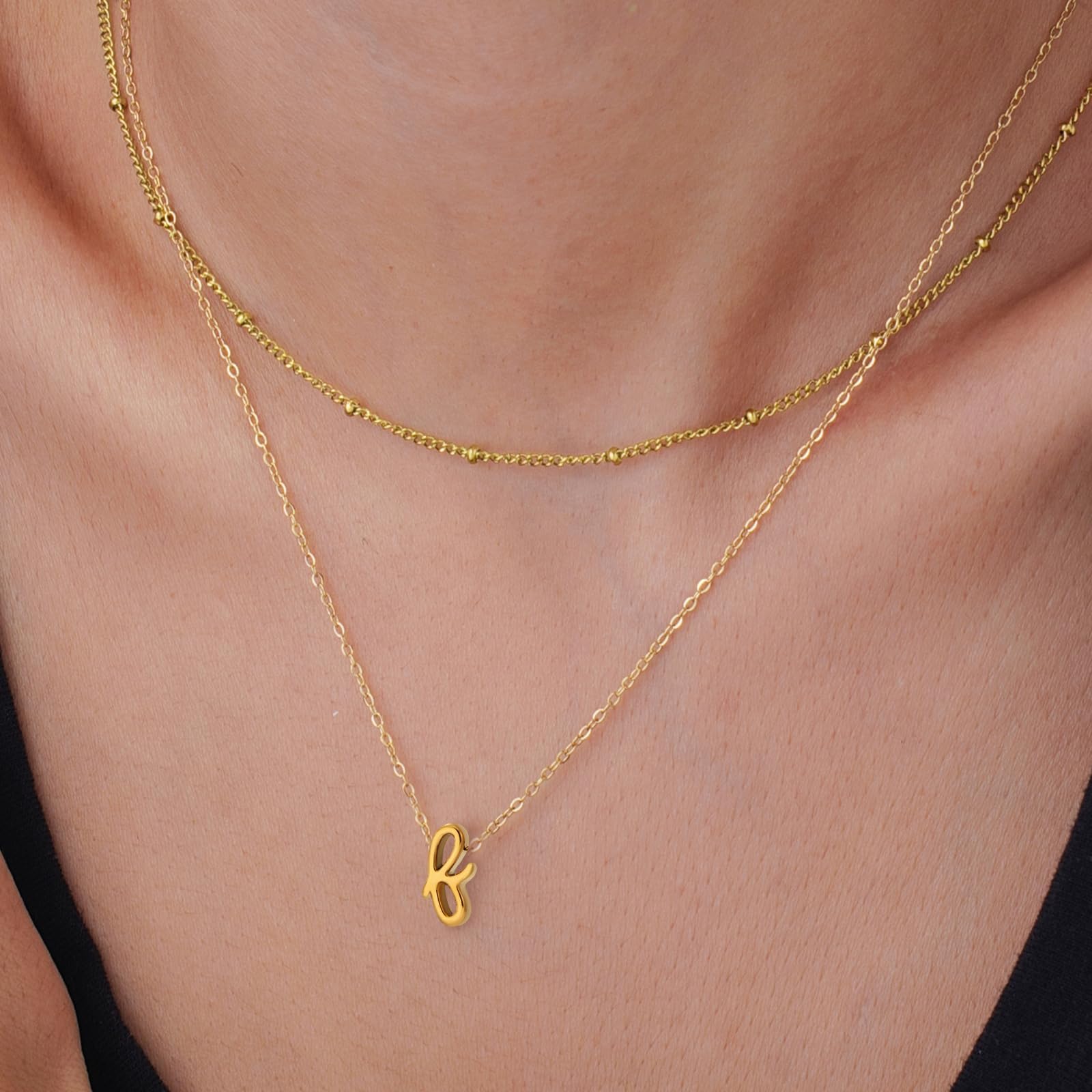 Personalized initial pendant necklace with initials a-z, double layered chain, adjustable length of 14+16+2 inches, minimalist for women