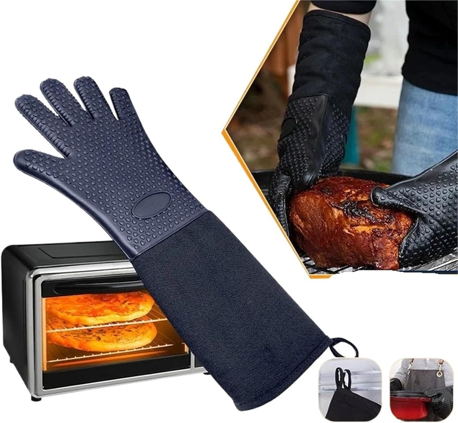 Guanti da forno extra lunghi, resistenti al calore, con fodera in cotone, guanti spessi da cucina, per pentole, cottura al forno, barbecue (50 cm, nero, 1 paio)