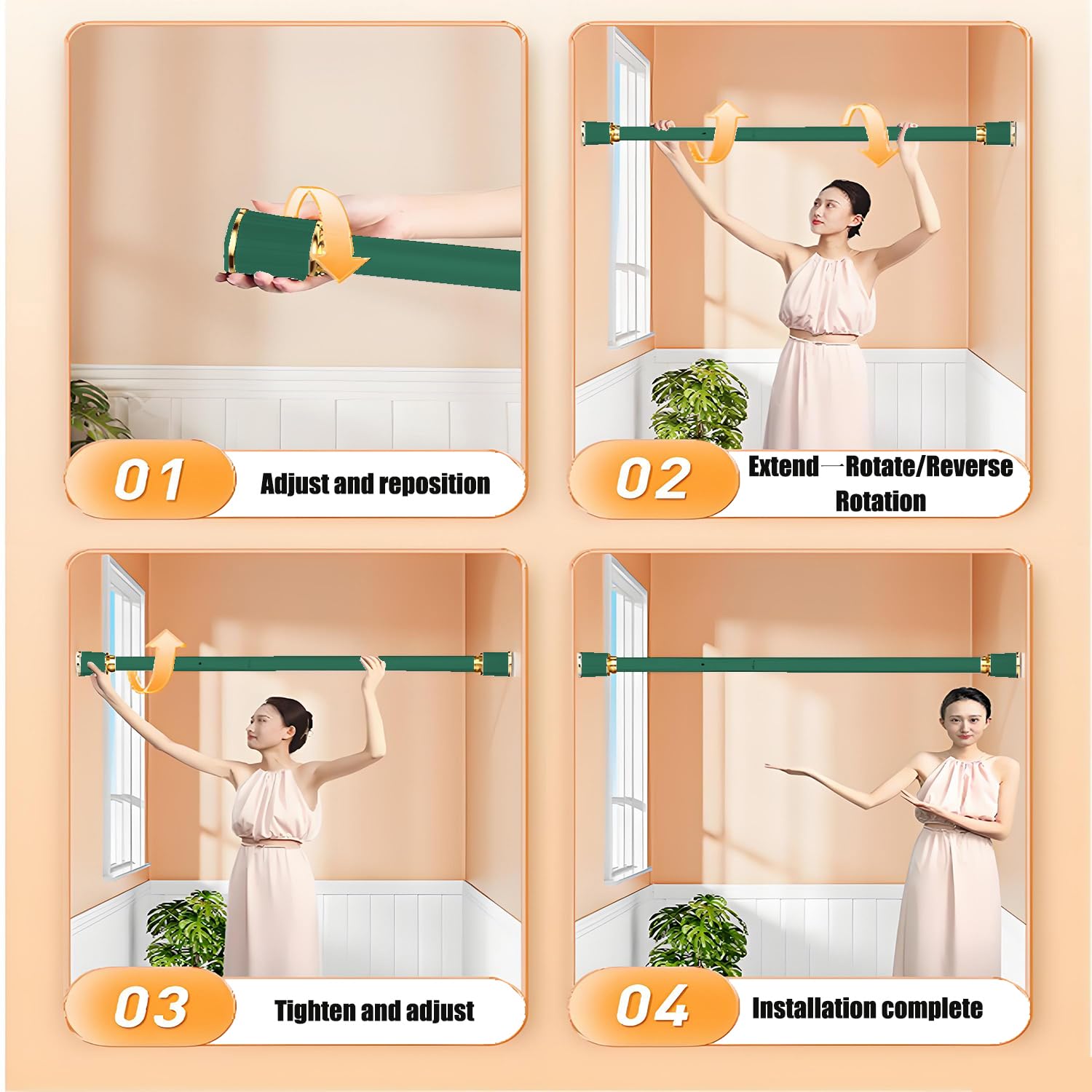 Gardinenstange ohne Bohren Duschstange ausziehbare Vorhangstange ohne Bohren Spannstange Teleskopstange Vorhang für Bad, Fenster, Schrank,Grün,2.6～3.5m