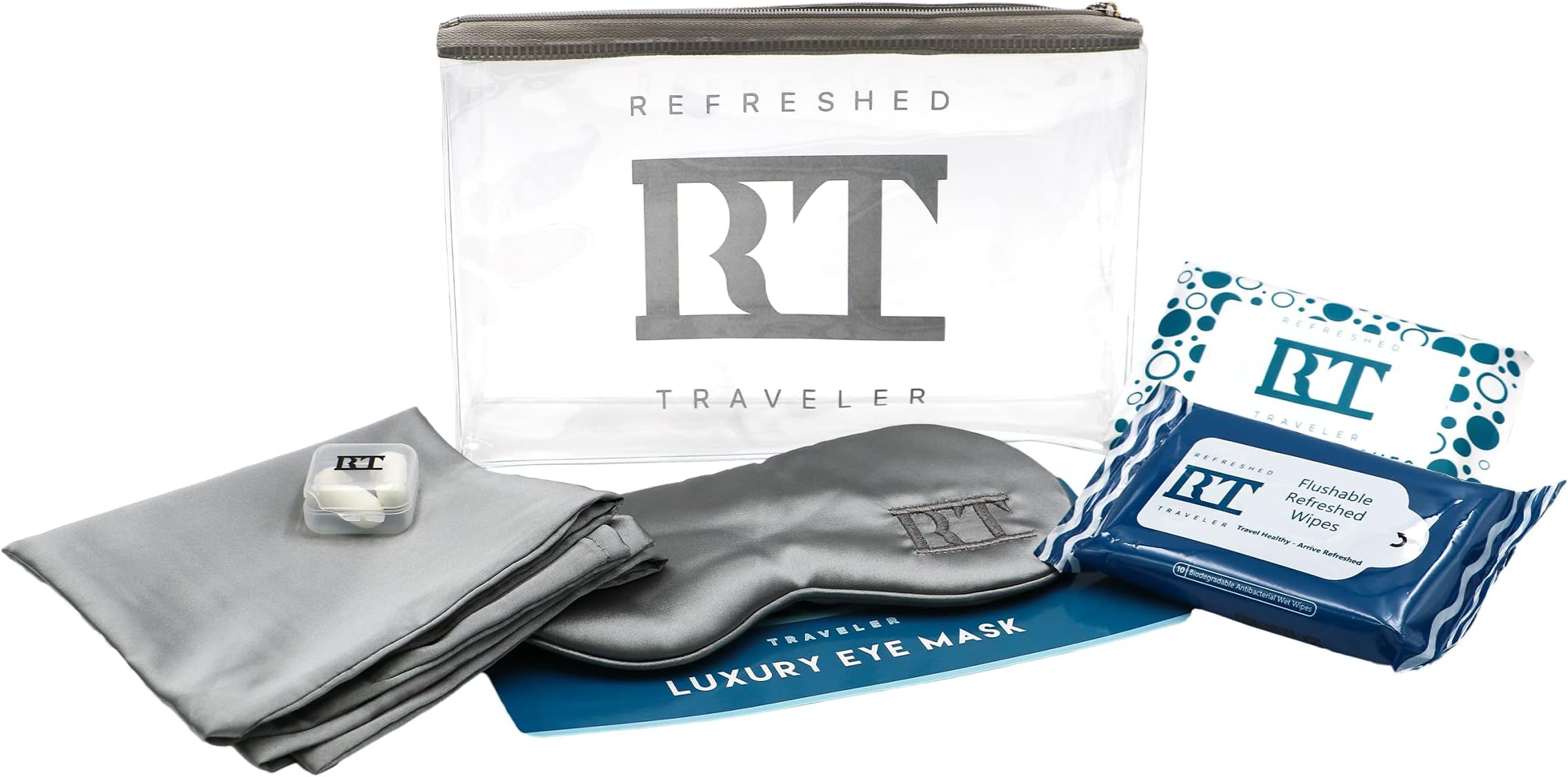 First Class Kit, International Travel, TSA Approved, Satin Eye Mask, Travel Pillowcase, Ear Plugs, Antibacterial Wipes, Travel Tissues, Perfect Overnight International Flights, Refreshed Traveler