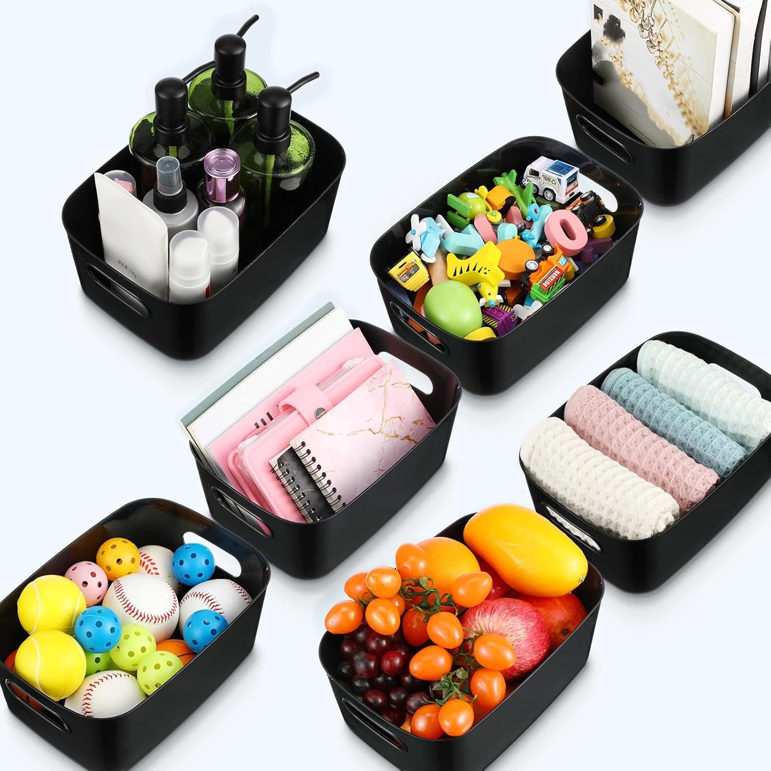 Leinuosen 21 Pack Plastic Storage Baskets Plastic Storage Bins Pantry Organizer Bins for Kitchen Freezer Cabinet Closet Bathroom Under Sink Laundry Room Bedrooms Countertops Shelve(Black)