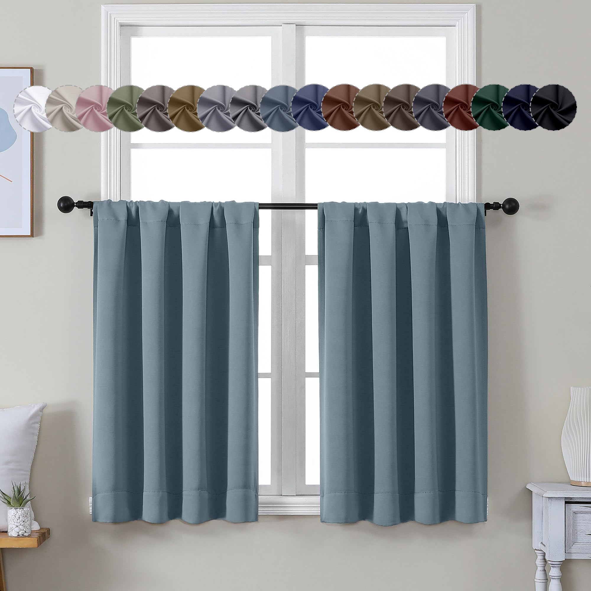 Simplebrand Ava Stone Blue Short 36 Inches Blackout Curtain 2 Panels Set, Half Window Rod Pocket Privacy Curtain Tiers for Kitchen, Curtains Blackout for Bathroom Shades, W40 x L36 Inch, Stone Blue — image 1
