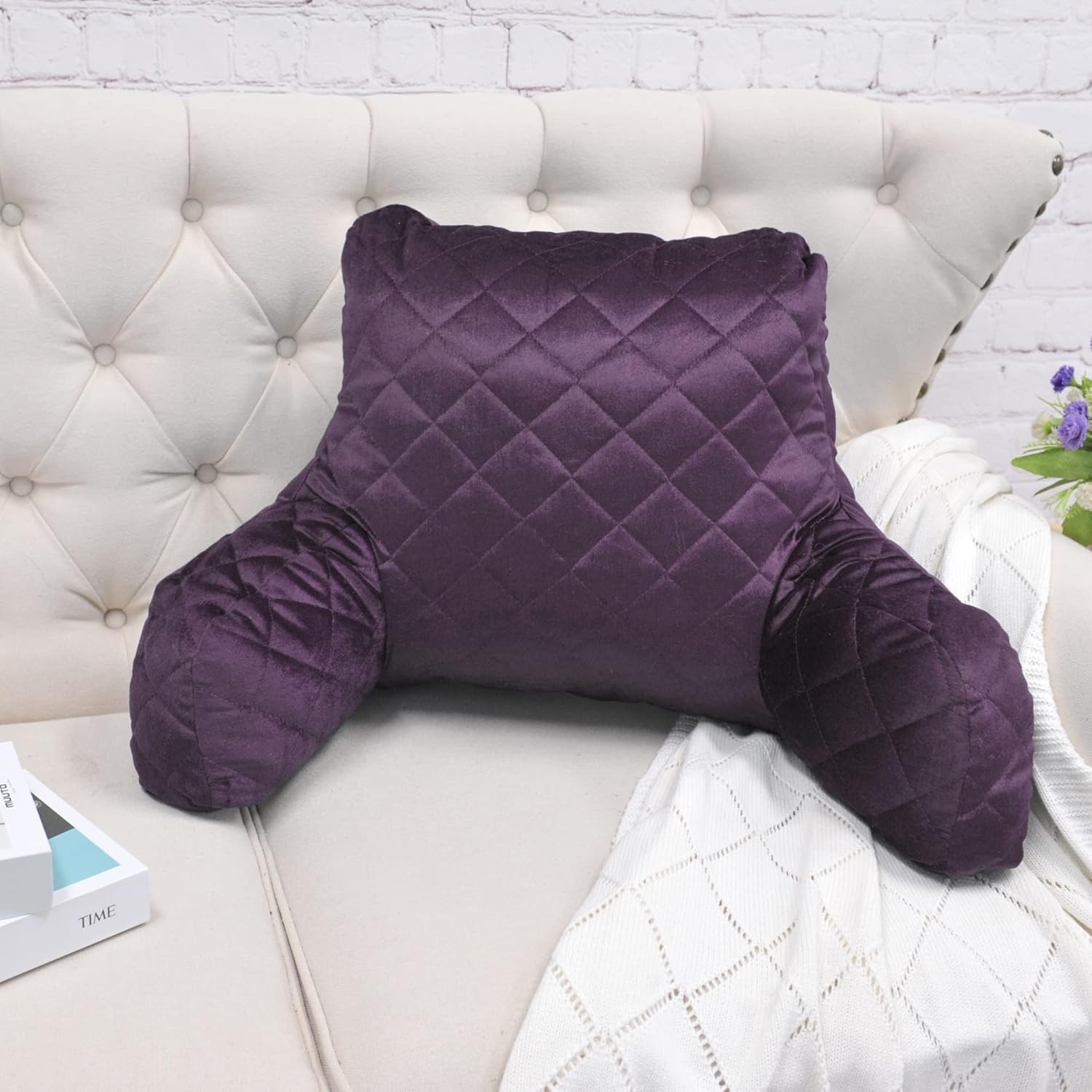 Home Soft Things DO-IT-Yourself Velvet Quilted Bed Rest Reading Pillow Cover and Filling, Back Support Lounger Backrest Pillow Armrest Chair for Sitting in Bed, BlackBerry, 20" x 18" x 17"