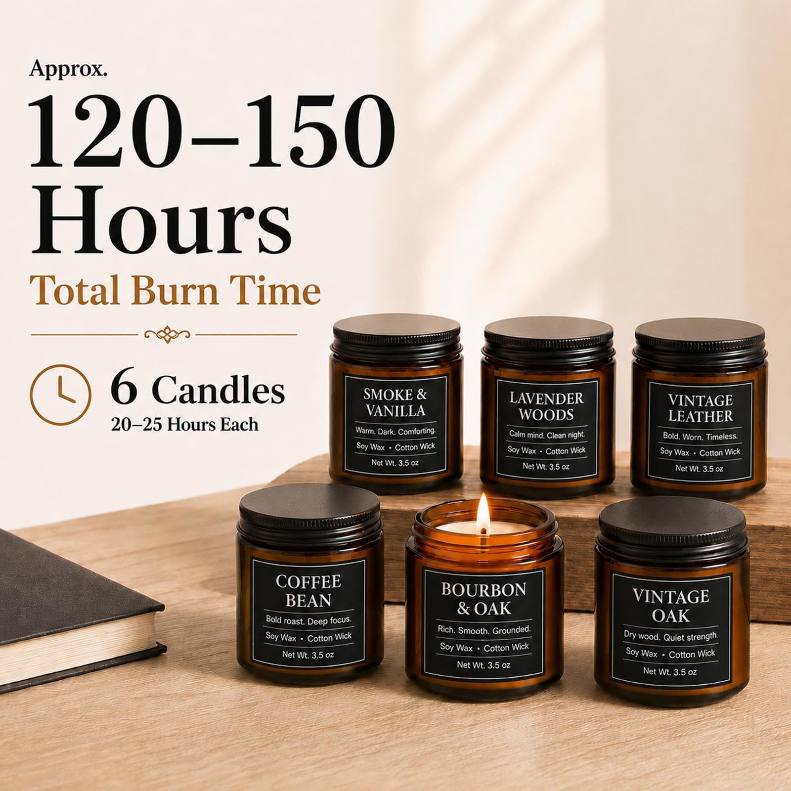 Juego de velas para hombre, 6 velas de soja perfumadas de 100 g para el hogar, velas de aromaterapia masculina, juegos de regalos para cumpleaños, día del padre, aniversario, Navidad, hombres