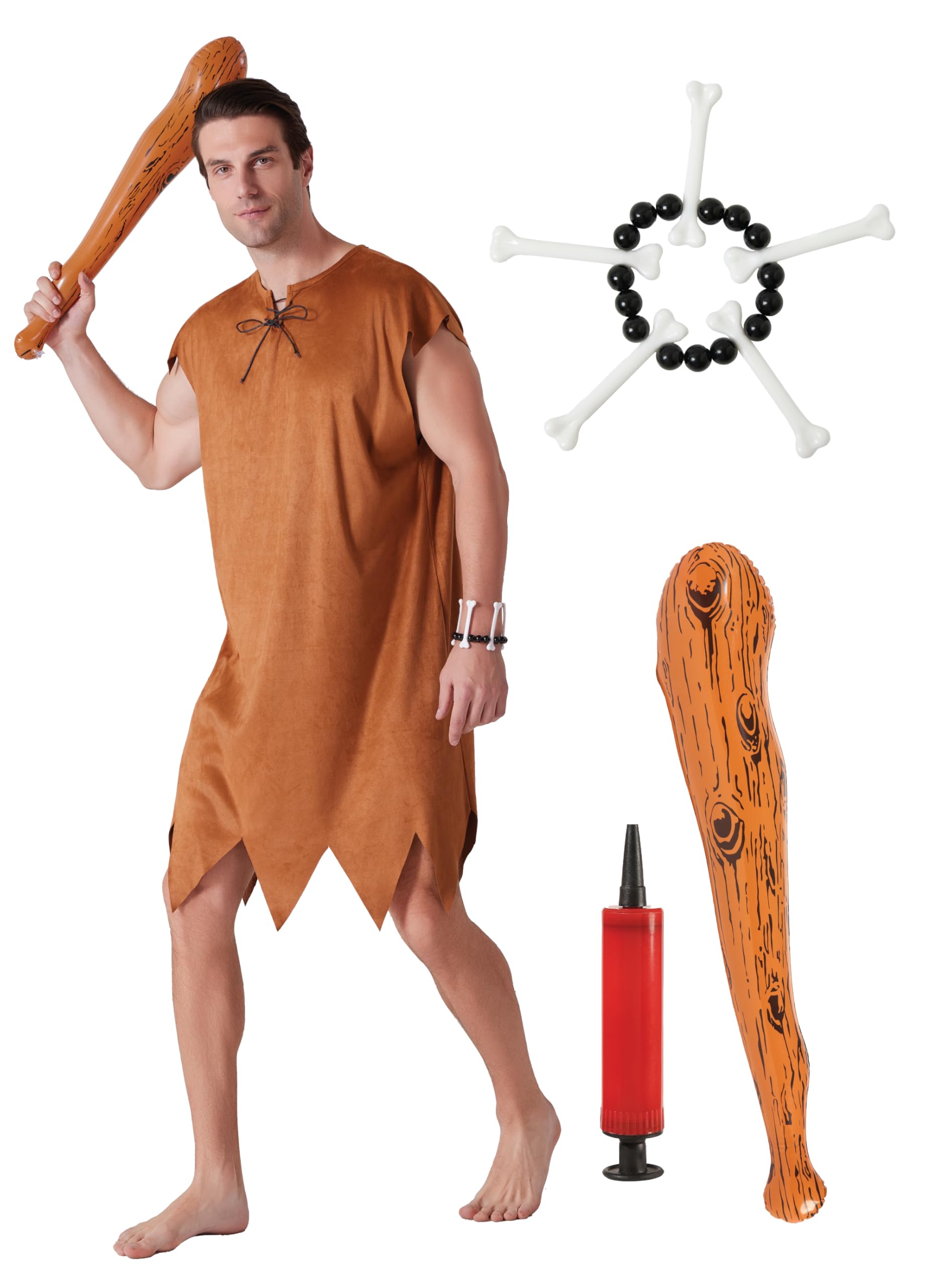 Maxim Party SuppliesCaveman Costume Outfit for Halloween Includes Men's Suede Tunic, Bone Bracelet, Inflatable Bat and Pump