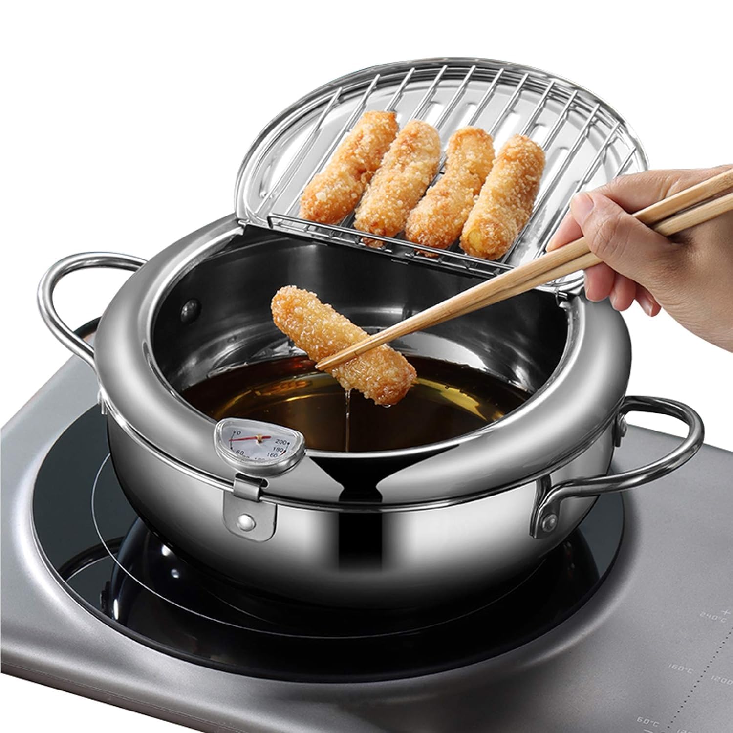 Tempura Fryer Pot with Thermometer, 304 Stainless Steel Deep Frying Pot, Oil Drainer Rack, Japanese Frying Pot, Temperature Control, Induction Ready, Kitchen Tools, Cooking Accessories