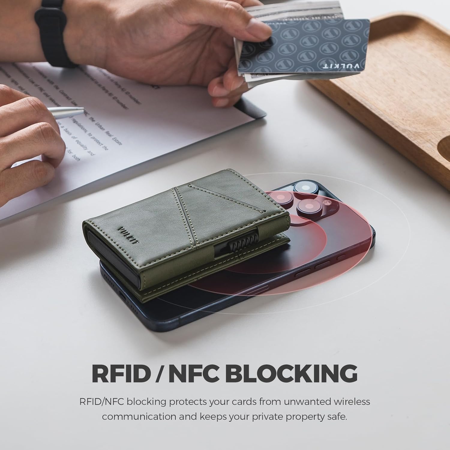 VULKIT Trifold Pop Up Men Wallet Leather RFID Blocking Credit Card Holder Metal Card Case, Hold 10 Cards and Bills, Green, Minimalist - Image 4