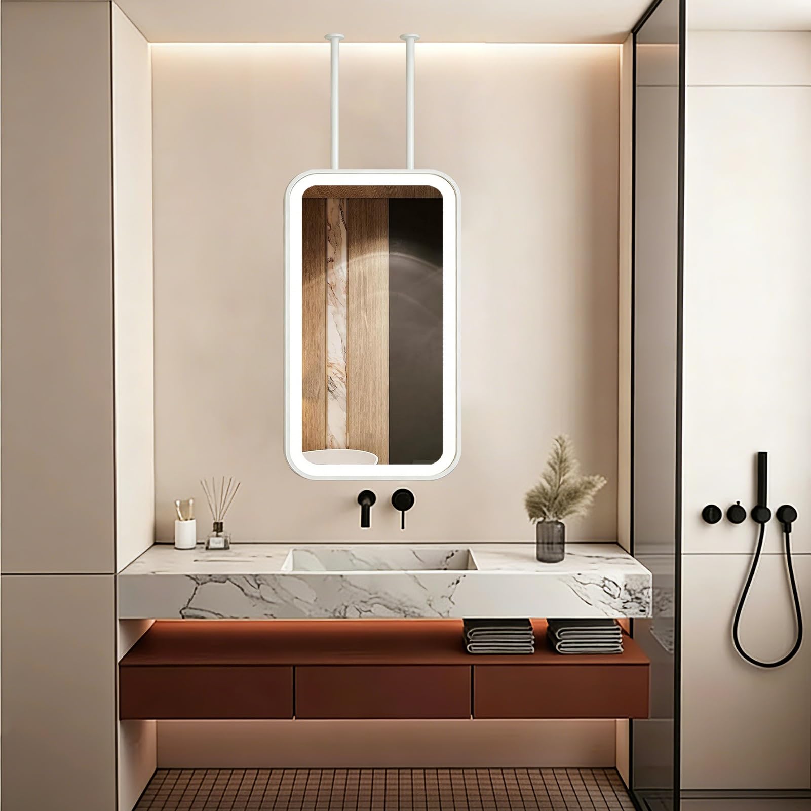 FGXHHS White LED ｜Rectangle Ceiling Hanging Mirror Large Metal Framed Wall Mounted Mirrors｜Floating Suspended Mirrors for Apartment Hallway Home Décor(50cmx70cm)