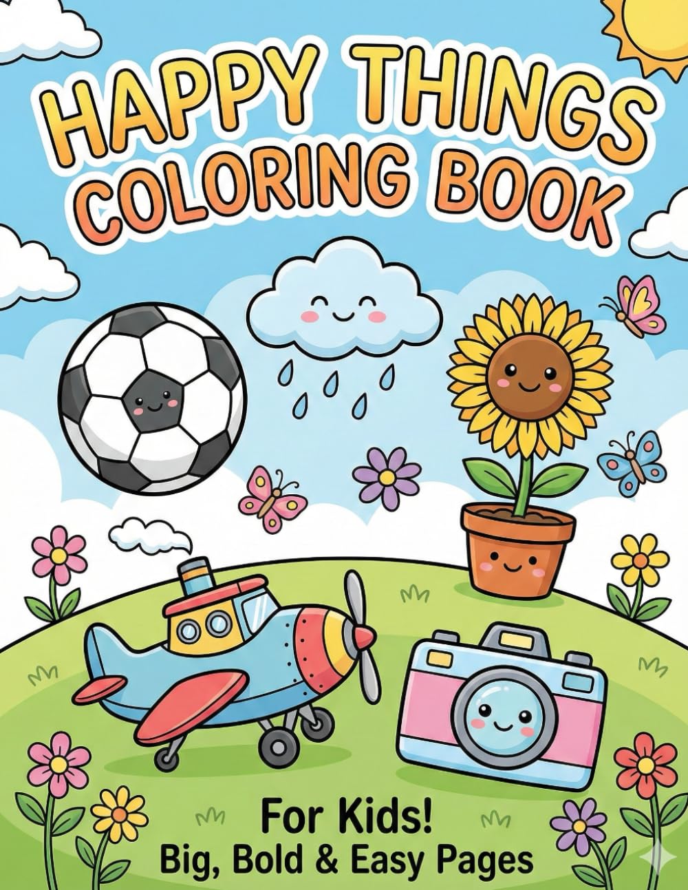 Happy Things Coloring Book: Big, Bold, and Easy Pages for Toddlers and Kids: Fun Everyday Objects with Cute Smiling Faces