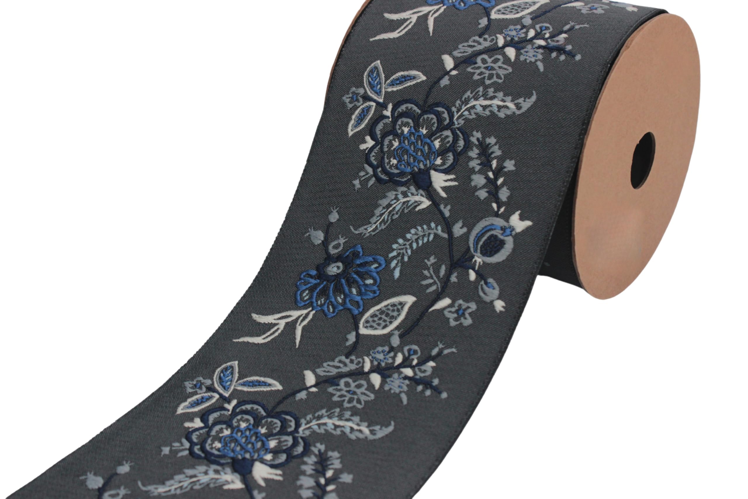 Ruban jacquard brodé floral gris et bleu de 3.8m x 10cm pour mercerie V6 218