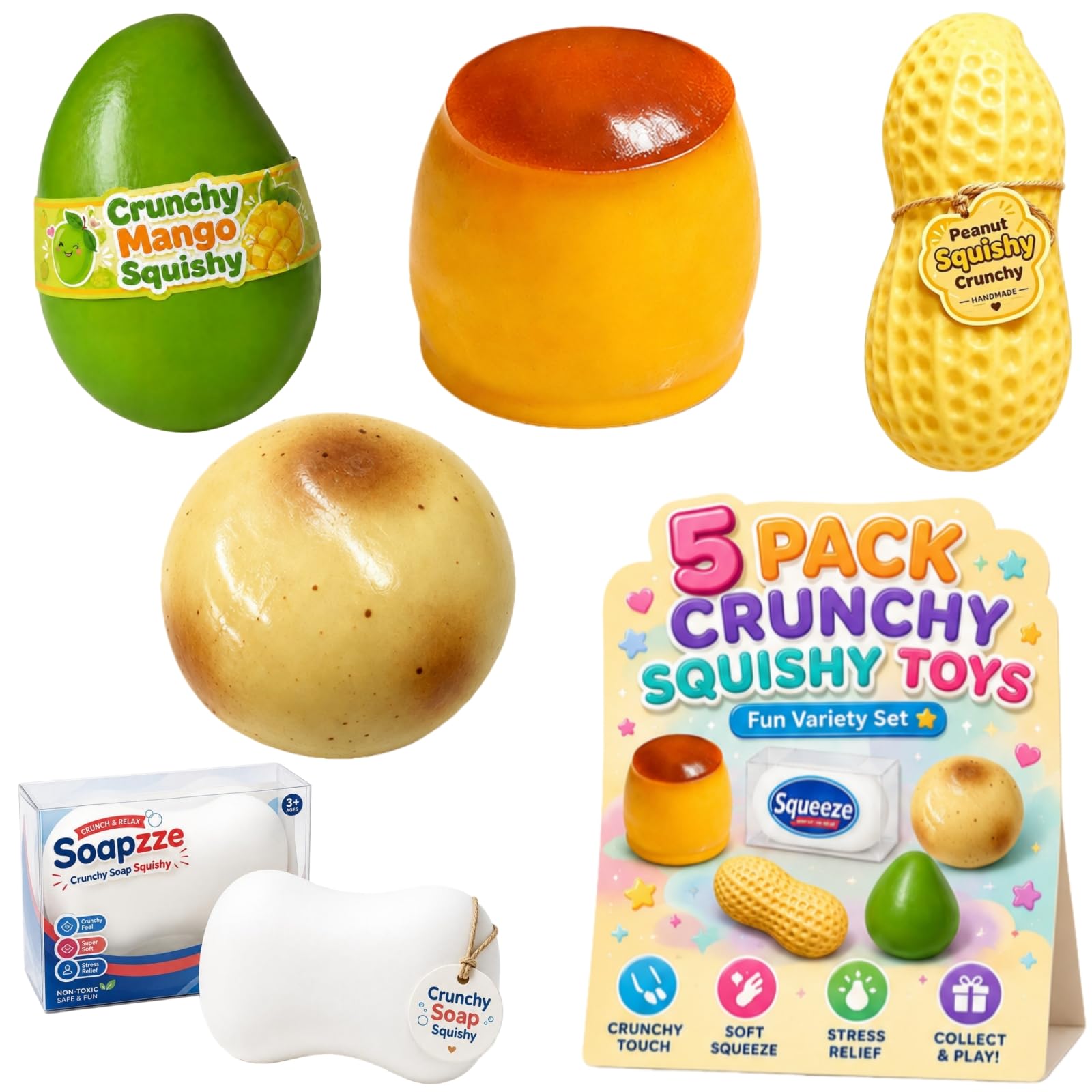 5 PCS Crunchy Squishy Mango Peanut Soap Pudding Potato Stress Ball Set, ASMR Bead Filled Slow Rising Realistic Shape Squeeze, Textured Sensory Ball for Anxiety Management Party Favors (A) — image 1