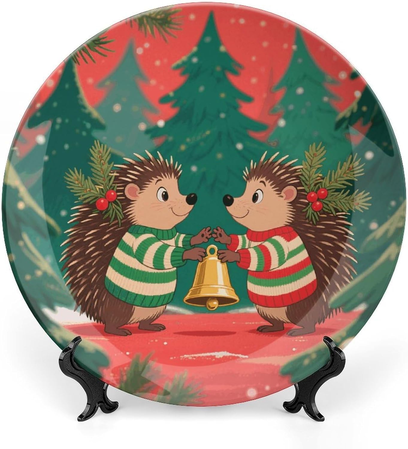 Christmas Hedgehogs Ceramic Decorative Plate 10inch Bone China Wall Hanging Ornament Plates Bohemian Style Dinner Plate with Stand Cabinet Display Plates for Home Art Decor
