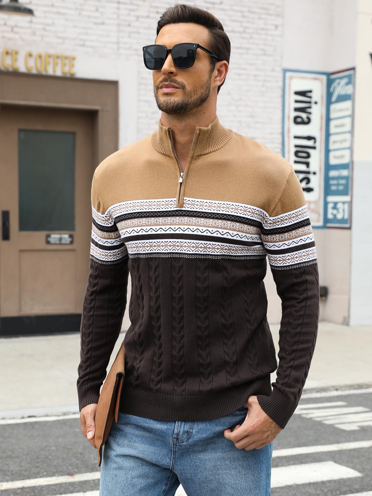 Genfien Pull Homme en Tricoté 1/4 Zip Pullover Sweater Pull d'hiver Manches Longues Chaudes Pulls pour Homme Tricoté Pull Chandails de Noël pour Hommes