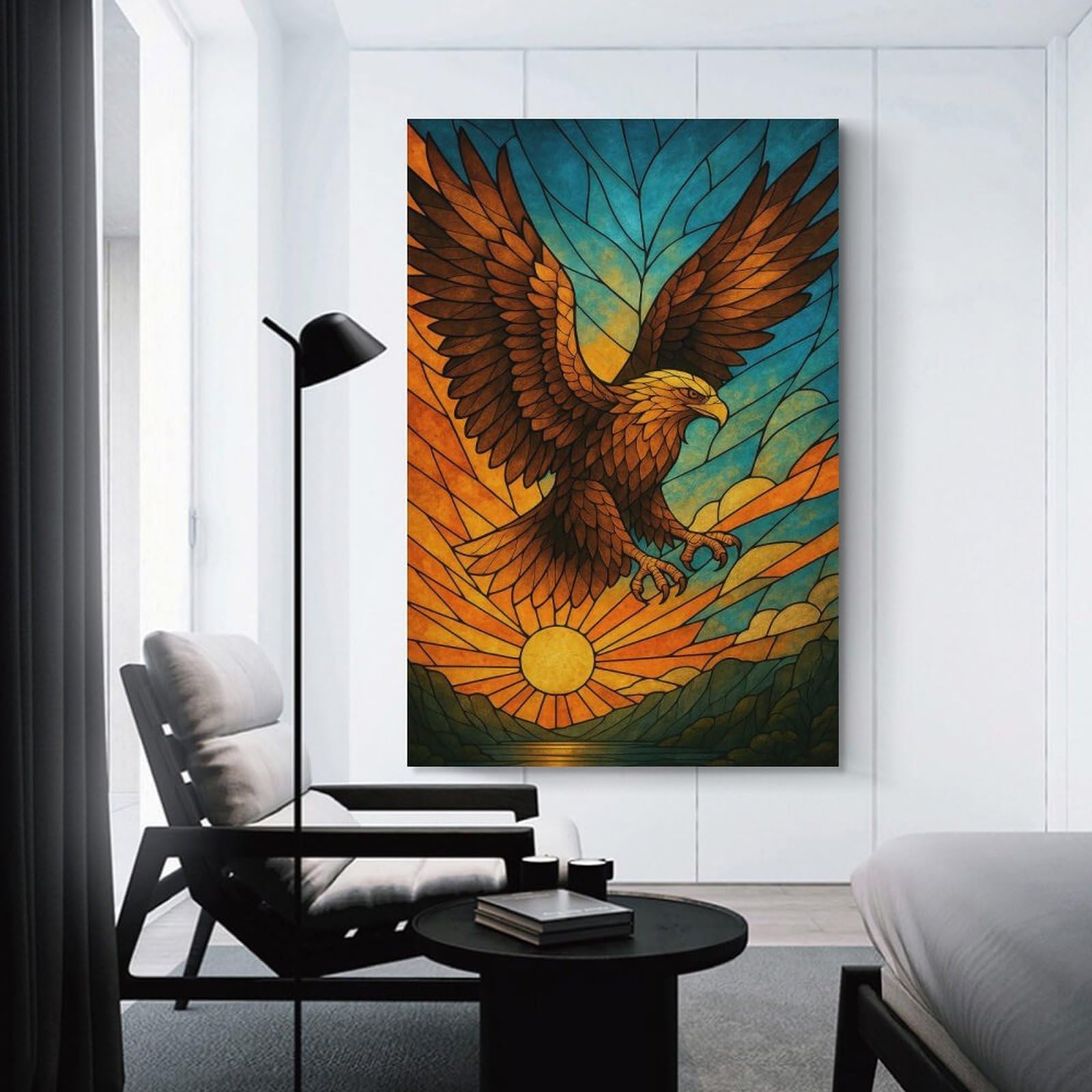 Junmoney Unframe-Style-22 Home Decor Wall Art Stained Glass Eagle Soaring At Sunset, 20X30inch(50X75cm), For Bedroom Decor, Cosy Corners Or Studios, Decorative Wall Art For Cosy Rooms
