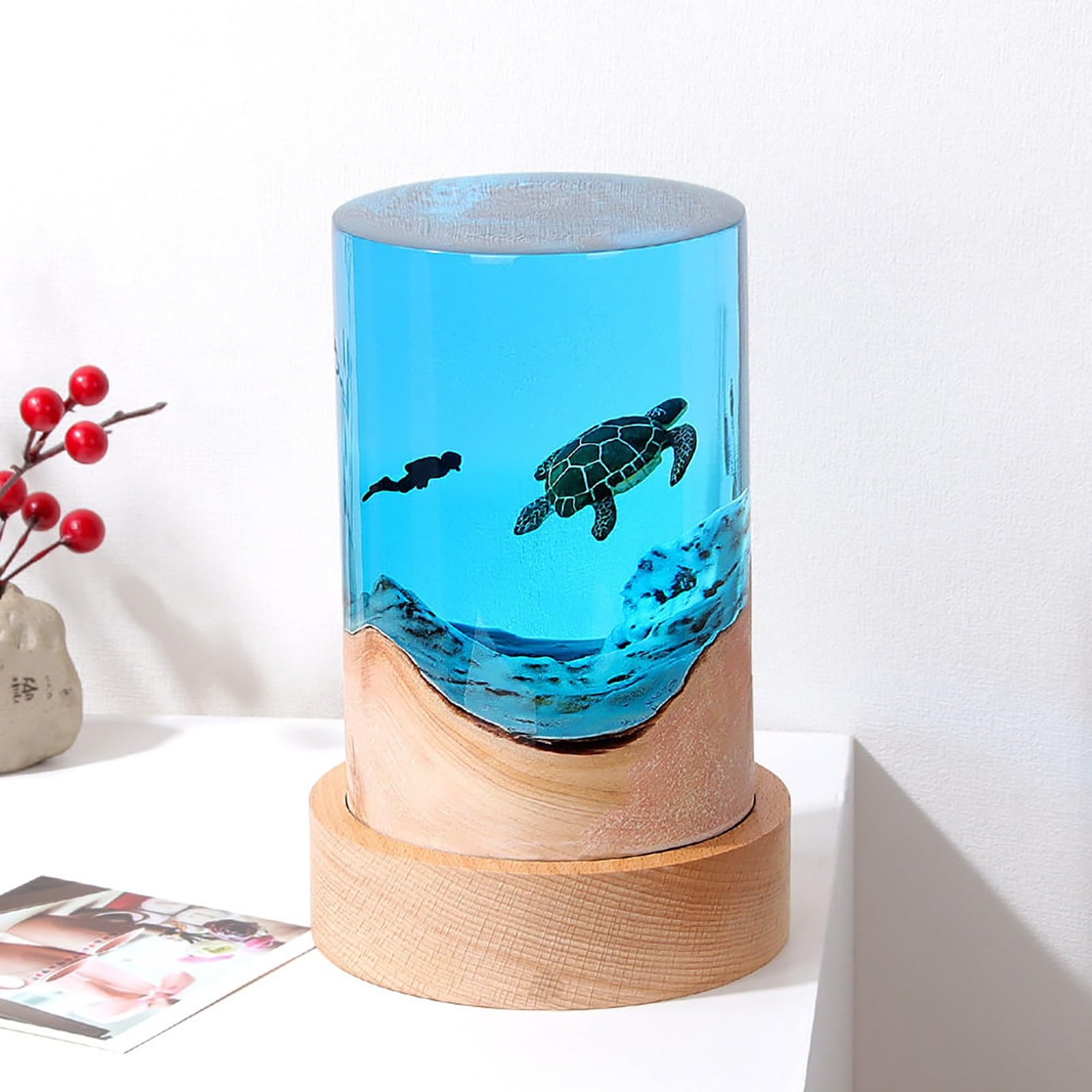 FGJtguE Woods lamp, Cylinder Epoxy Wood Dimmable LED Night Light,Coral Reef Diorama with Turtle,Diver&Whale Shark(A)