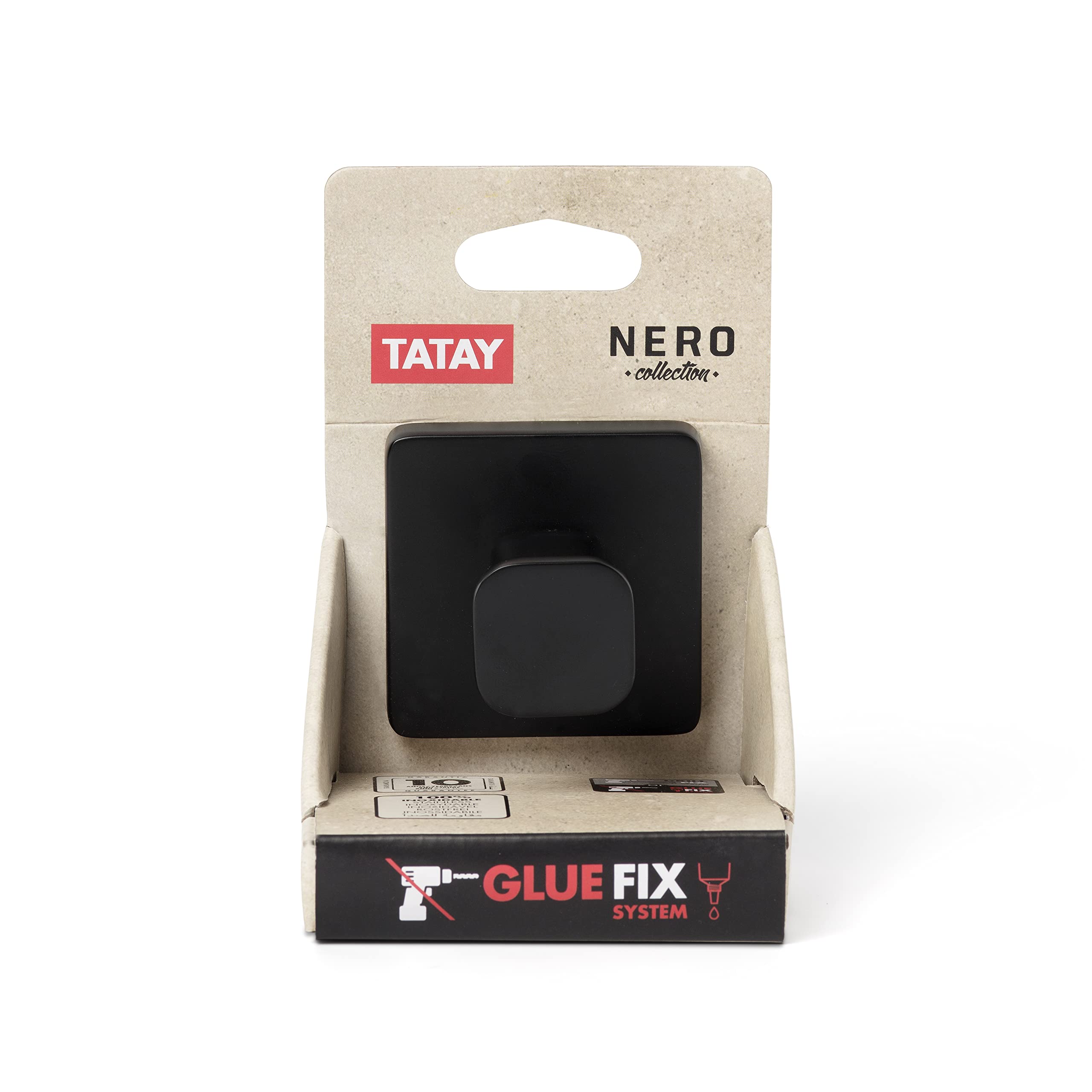 TATAY Colgador de baño, de la colección de Accesorios de baño Nero, Acero Inoxidable y Zamak, Doble Sistema de fijación con Tornillos y Glu Fix, hasta 10Kg, Colgador Negro. Medidas 6 x 4,6 x 6 cm