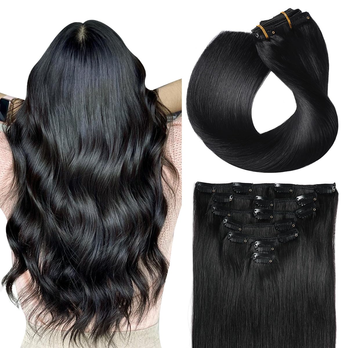 SUYYA Clip in Hair Extensions Real Human Hair, Jet Black Straight Hair Extensions Clip ins Double Weft Human Hair Clip ins 7pcs 120g (18 inches #1 Jet