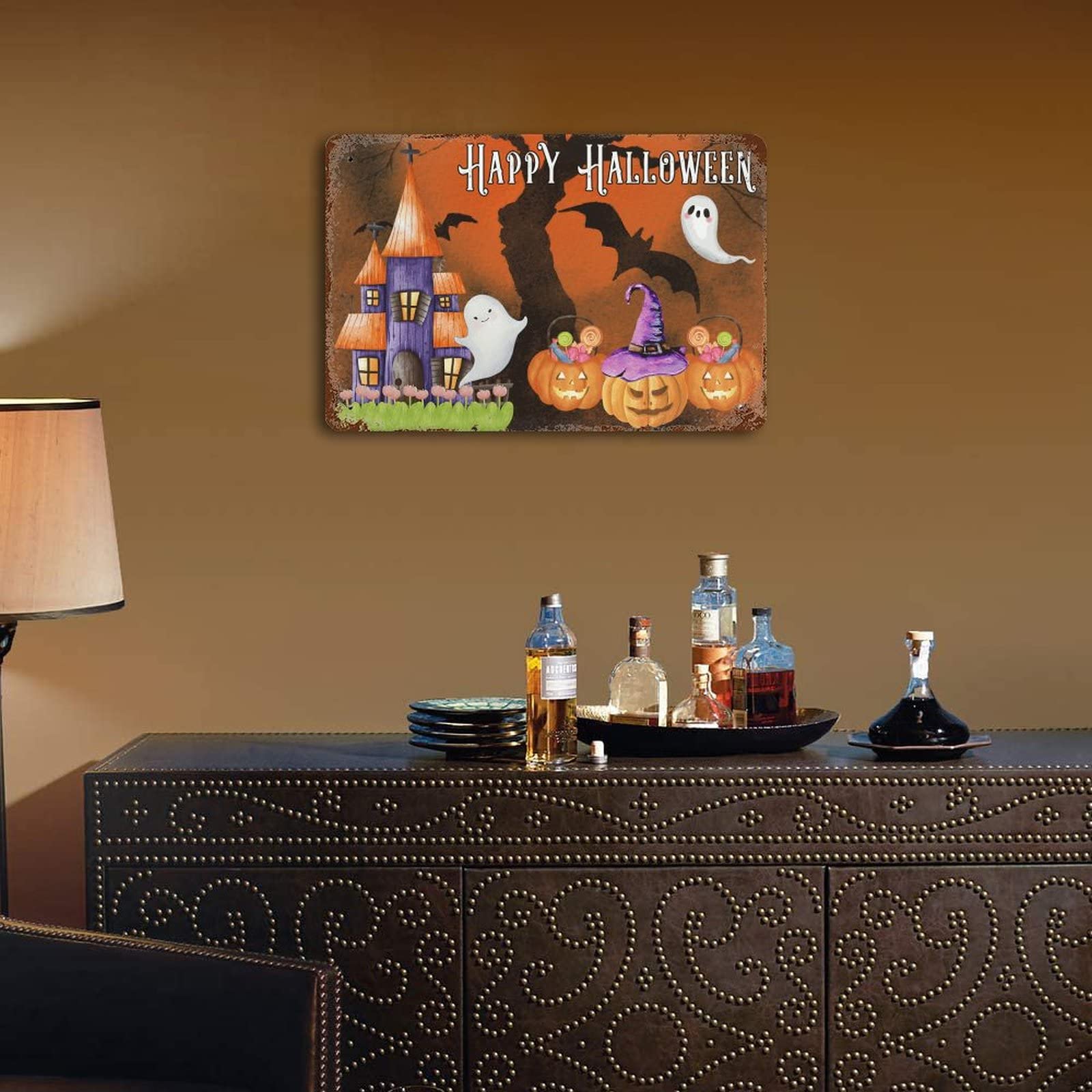 Halloween Pumpkin Gnome Metal Tin Sign - 9 Inch Round Rustic Wall Decor For Home & Bar