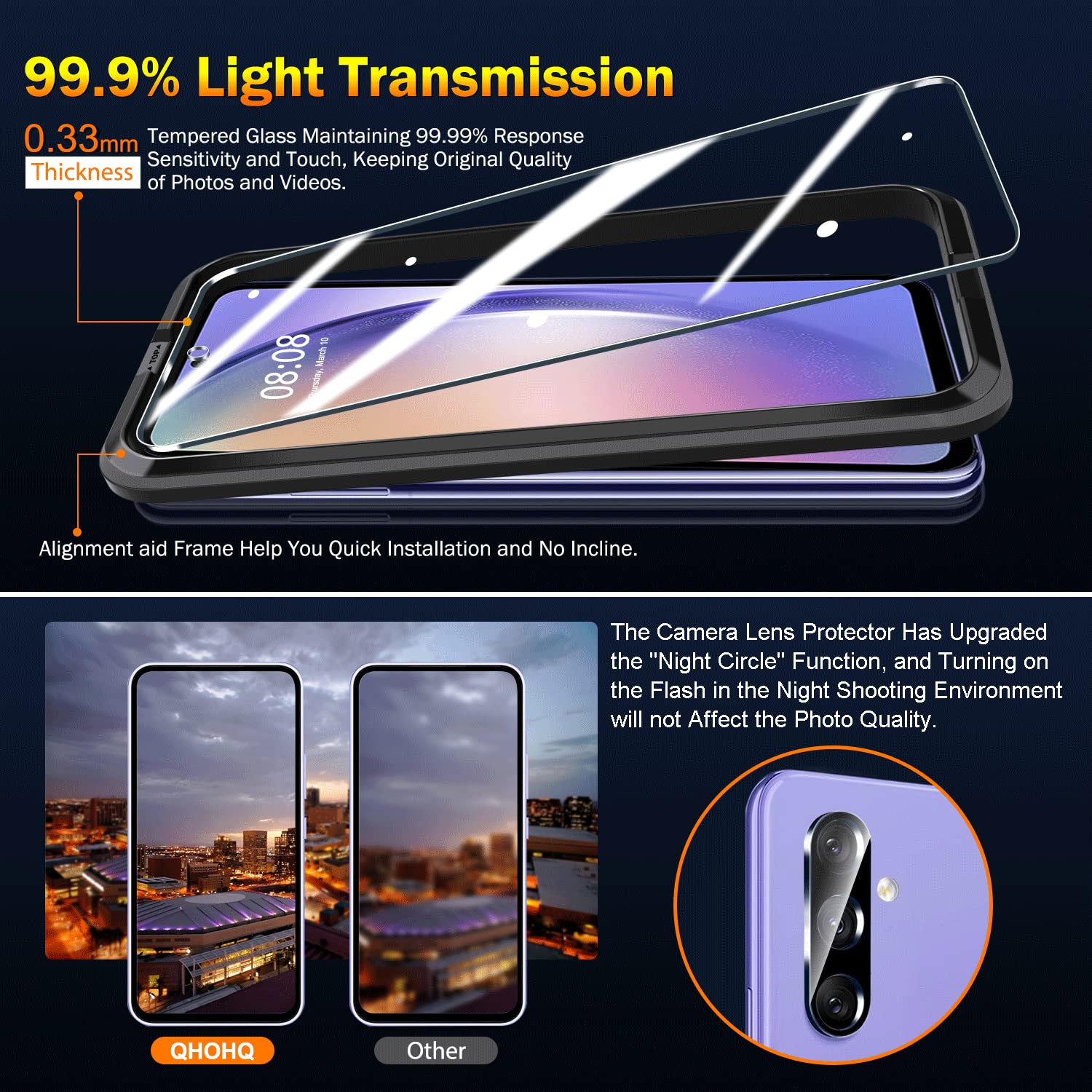 QHOHQ 3 Pezzi Vetro Temperato per Samsung Galaxy A54 5G con 3 Pezzi Pellicola Protettiva Fotocamera Posteriore, Ultra Resistente, Durezza 9H, HD, Anti-Graffio, Senza Bolle