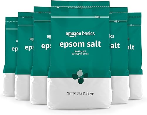 Marca Tienda  Solimo Epsom Salt - Ayuda para remojar sal, aroma a eucalipto, 3 libras (paquete de 6)