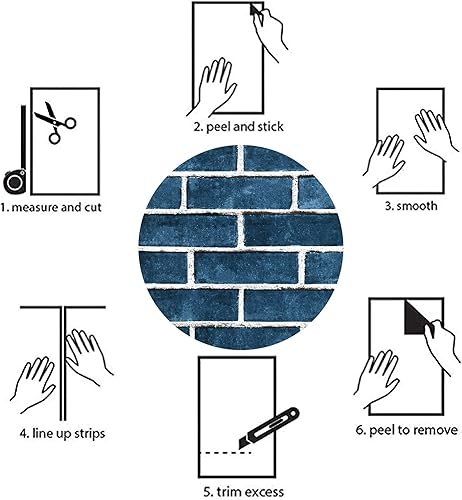 Miniatura 7 de Caltero Papel tapiz de ladrillo de 17.71 x 39.4 pies, papel tapiz de ladrillo azul, papel tapiz de ladrillo vintage, papel de contacto de ladrillo