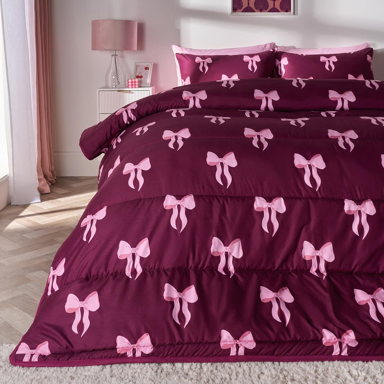 OHS Bow Print Coverless 10.5 Tog Duvet Set - Burgundy, Size Double