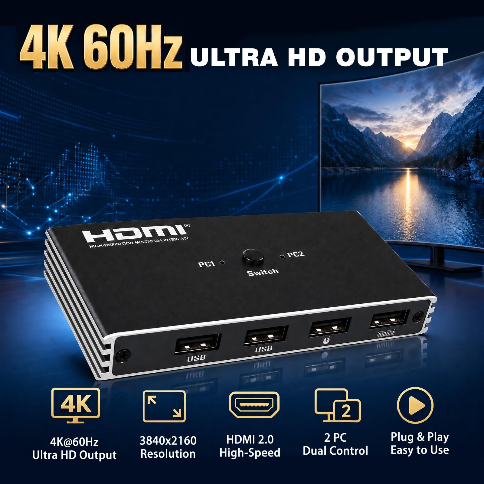 Commutateur KVM HDMI 2 PC 1 moniteur 4K 60 Hz KVM Switch pour 2 in 1 out | Plug&Play, 2 entrées 1 sortie, USB 2.0, télécommande IR incluse, idéal pour gaming, stable & fiable