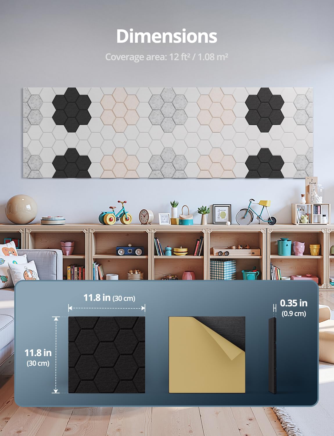 Paneles acústicos, paquete de 12 paneles de pared insonorizados de 12 x 12 x 0.4 pulgadas, paneles de absorción de sonido autoadhesivos, paneles a prueba de sonido para paredes, techo, estudio,