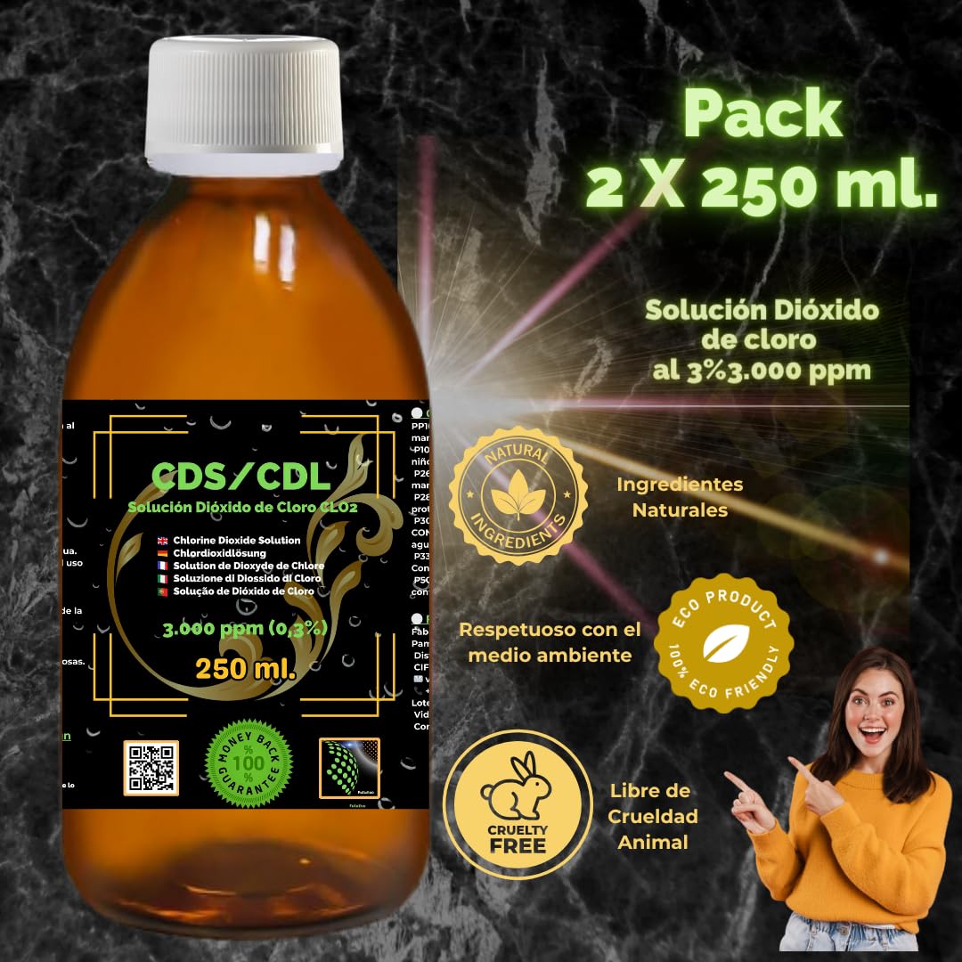 CDS/CDL 3 000 ppm | Lot de 2 x 250 ml - (500 ml) - Solution de dioxyde de chlore dans une bouteille en verre ambre avec bouchon de sécurité et doseur en cadeau | Haute pureté