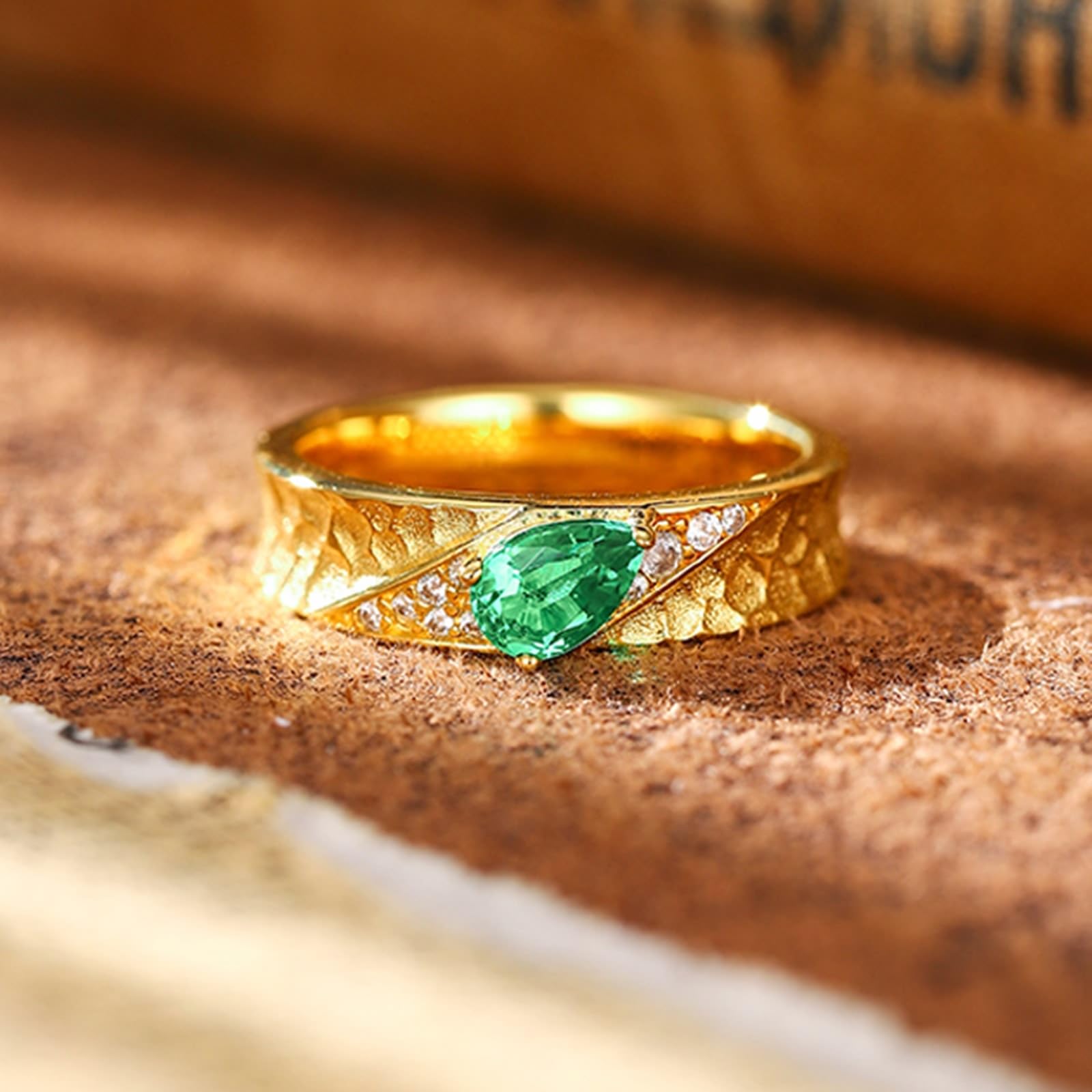 Bague de demande en or jaune 9 K/14 K/18 carats - Créée en laboratoire - Feuille d'émeraude - Véritable bijou moissanite - Au750/585/375 - Taille 47-70