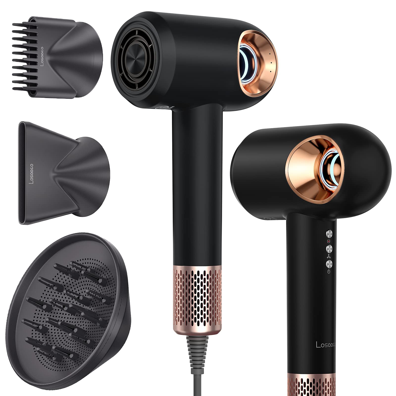 1600W Professional Ionic Hair Dryer with Diffuser, Brushless 110,000 RPM Motor, 4 Temperatures and 3 Speeds, Quiet Hairdryer for Travel and Home