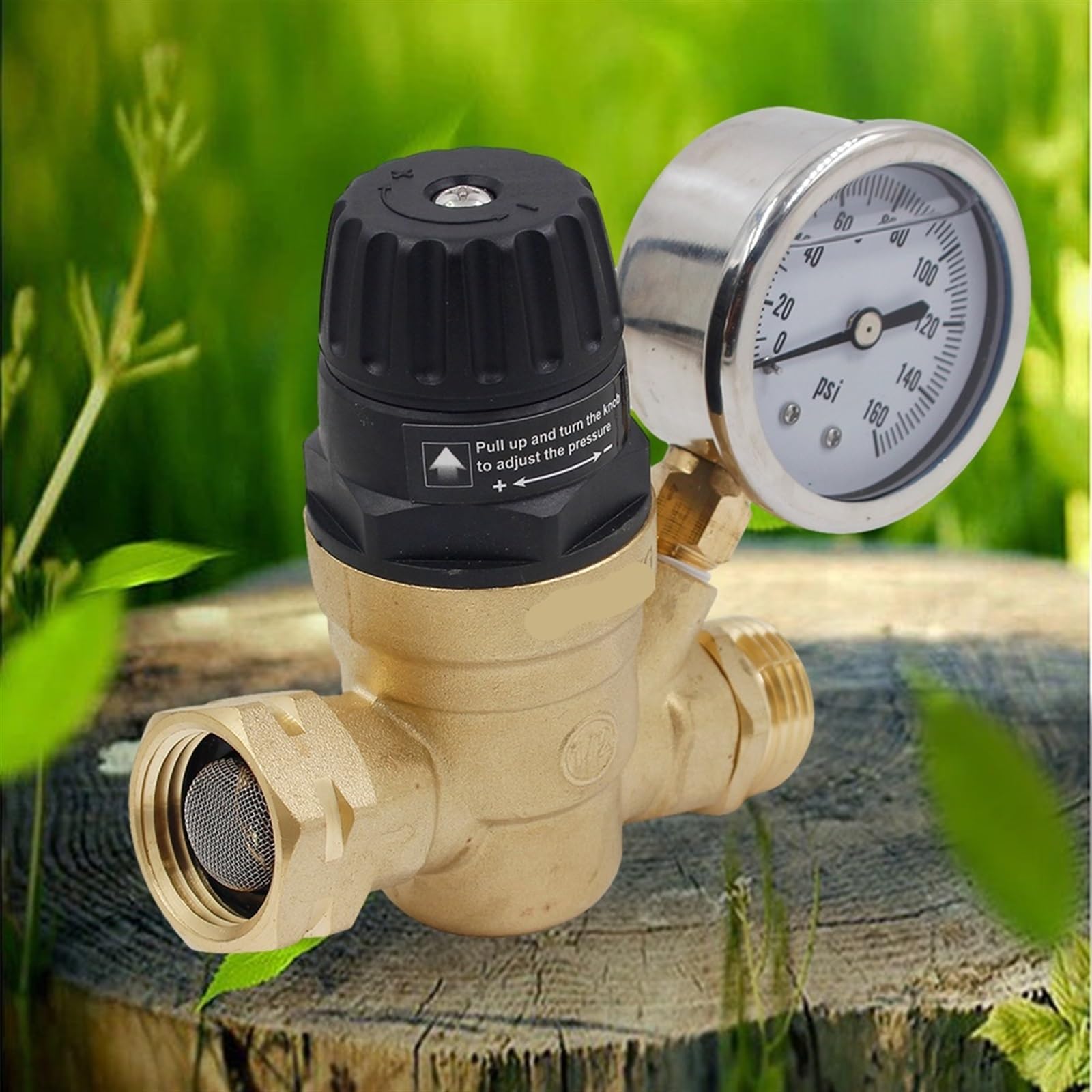Regulator ciśnienia Zawór redukcyjny, Regulator ciśnienia mosiężny 3/4 cala z manometrem i 2 filtrami do kamperów, węży ogrodowych i przyczep