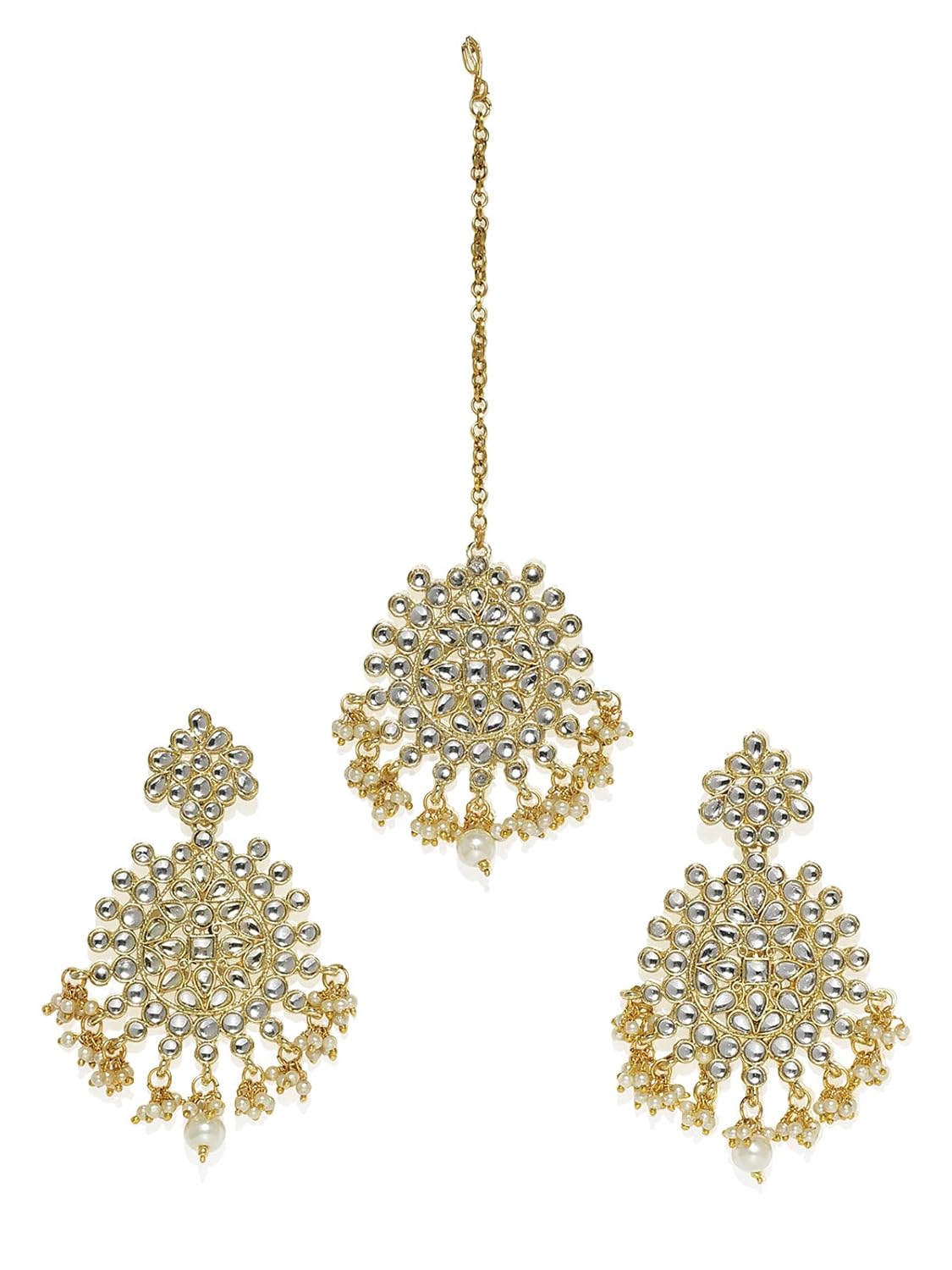 Zaveri Pearls Gold Tone Traditional Kundan & Pearls Earring & Maangtikka Set For Women-ZPFK7479 Zaveri Pearls Gold Tone Traditional Kundan & Pearls Earring & Maangtikka Set For Women-ZPFK7479