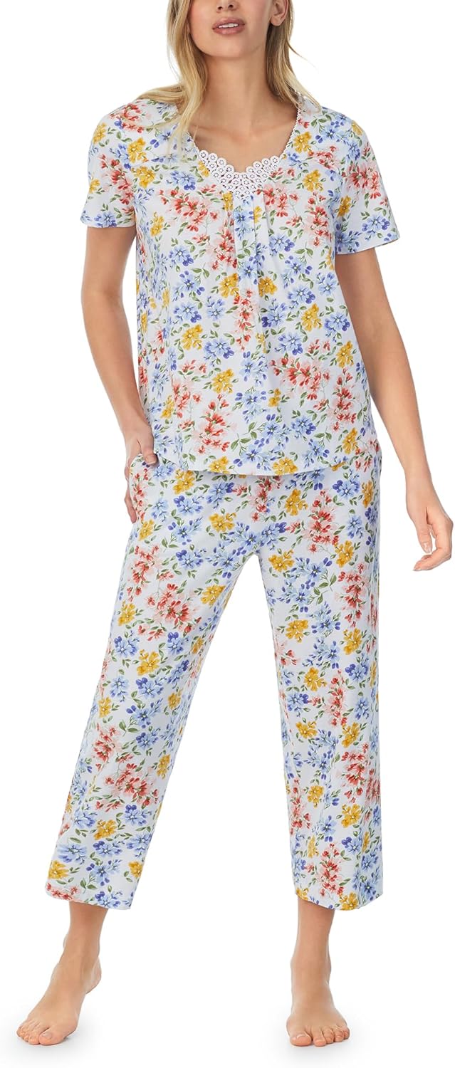 Carole Hochman Women's 2pc Cotton Short Sleeve & Capri Pajama Set – V-Neck, Lace Detail, Adjustable Drawstring, Side Pockets