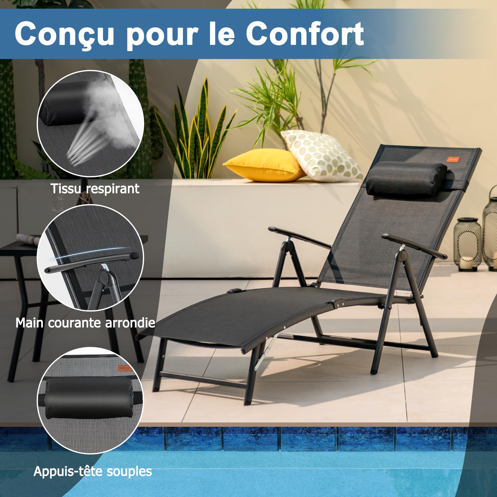 COSTWAY Chaise Longue Pliante, Transat Inclinable Portable avec Dossier Réglable sur 7 Positions, Bain de Soleil avec Accoudoir, Repose-Tête, Extérieur pour Piscine, Jardin, Balcon (Noir)