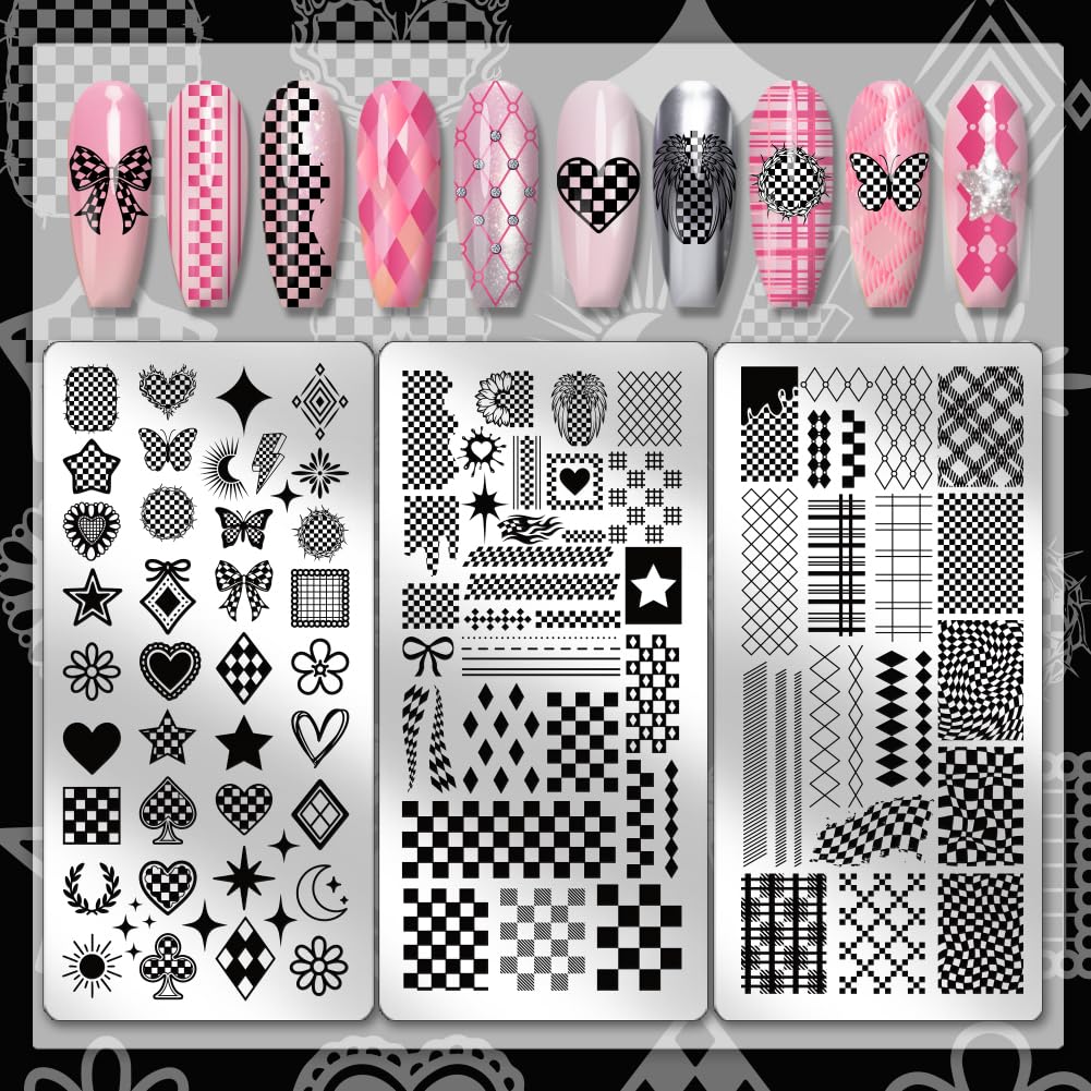 PH PandaHall 3pcs Plaid Nail Stamping Plates Checkerboard Nails Art Stencils Tartan Pattern Nail Art Templates Heart Star Butterfly Manicure Image Plates for Women DIY Print Manicures Salon Design - Image 3