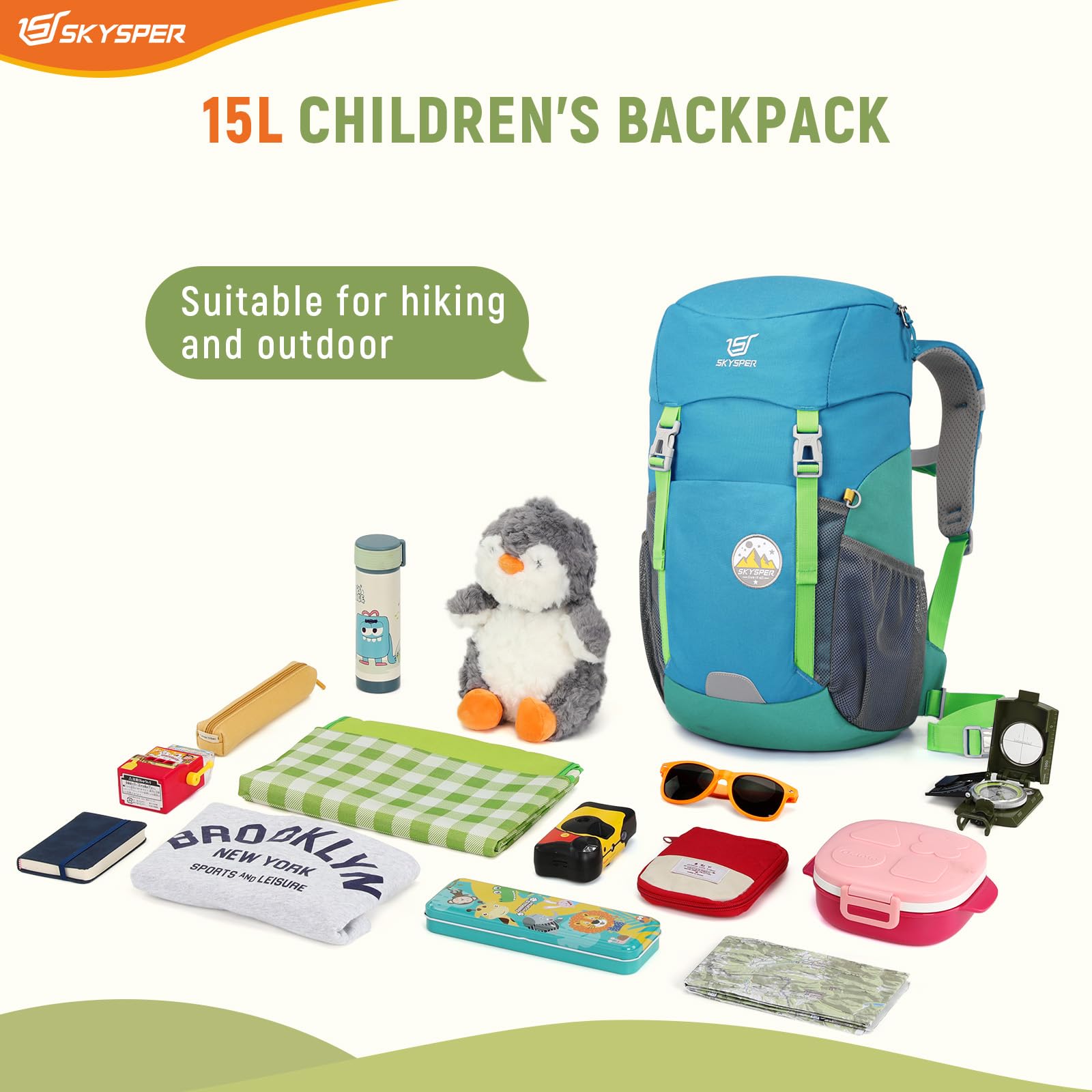 SKYSPER Wanderrucksack Kinder 15L für Jungen & Mädchen Kinderrucksack mit Brustgurt für 6-12 Jahre Rucksack Kinder Wandern Outdoor