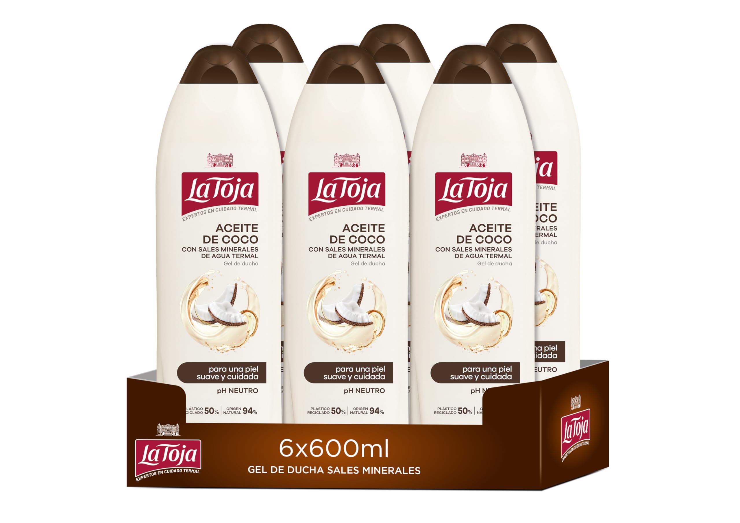La Toja Gel doccia olio di cocco, confezione da 6 x 600 ml (3600 ml), pelle morbida, curata e piena di vitalità, protegge contro la secchezza