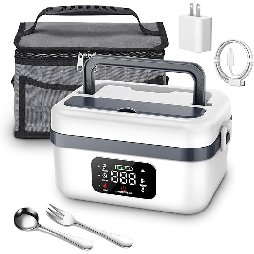 Kouamor Electric Lunch Box, 16000 mAh Battery Portable Hot Box for On the Go, 1 Litre Lunch Box Adult with Insulated Bag, Fork & Spoon and Removable Divider Plate (White)