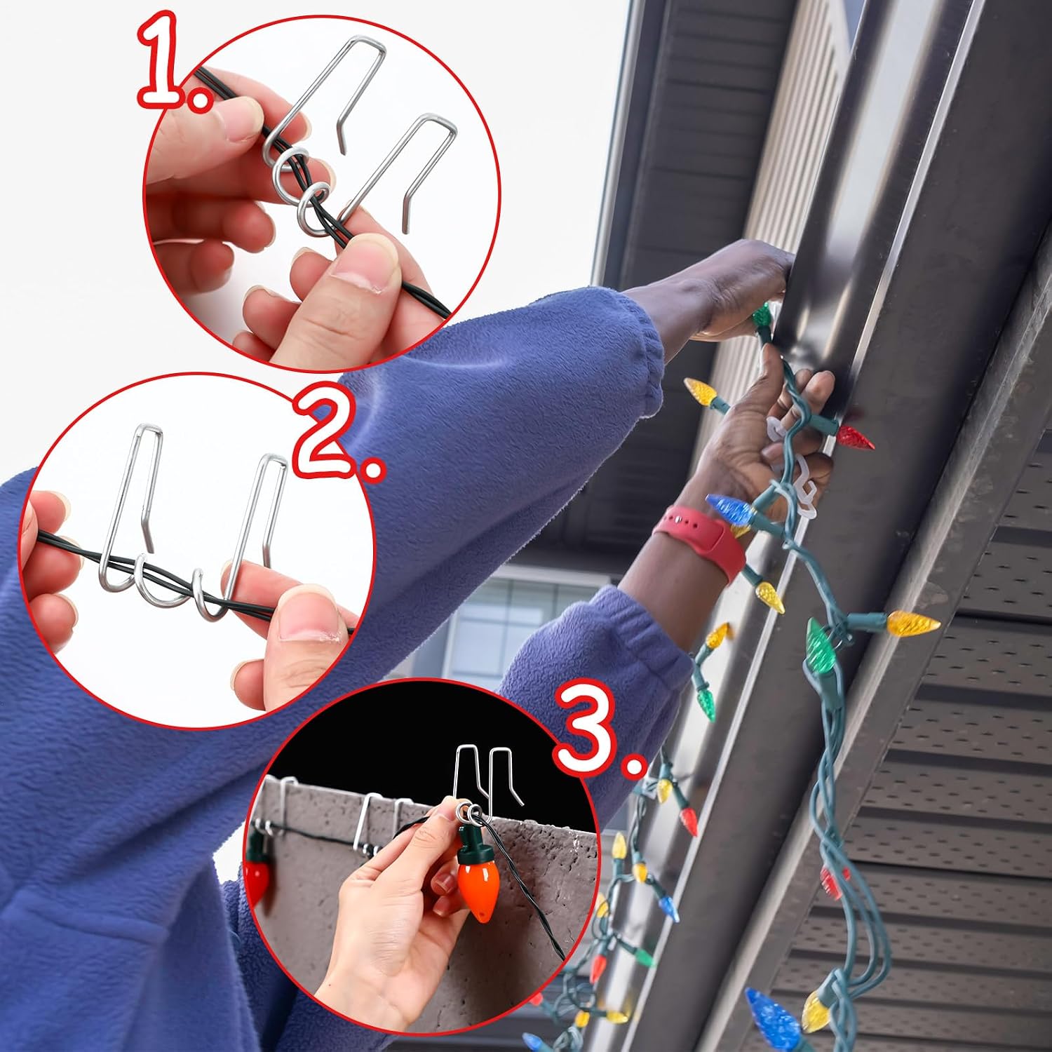 MorningRo 50 Pcs Gutter Light Hooks Outdoor Metal Gutter Clips Orkscrew Shaped Hanging String Lights Hooks for Christmas Halloween Decoration